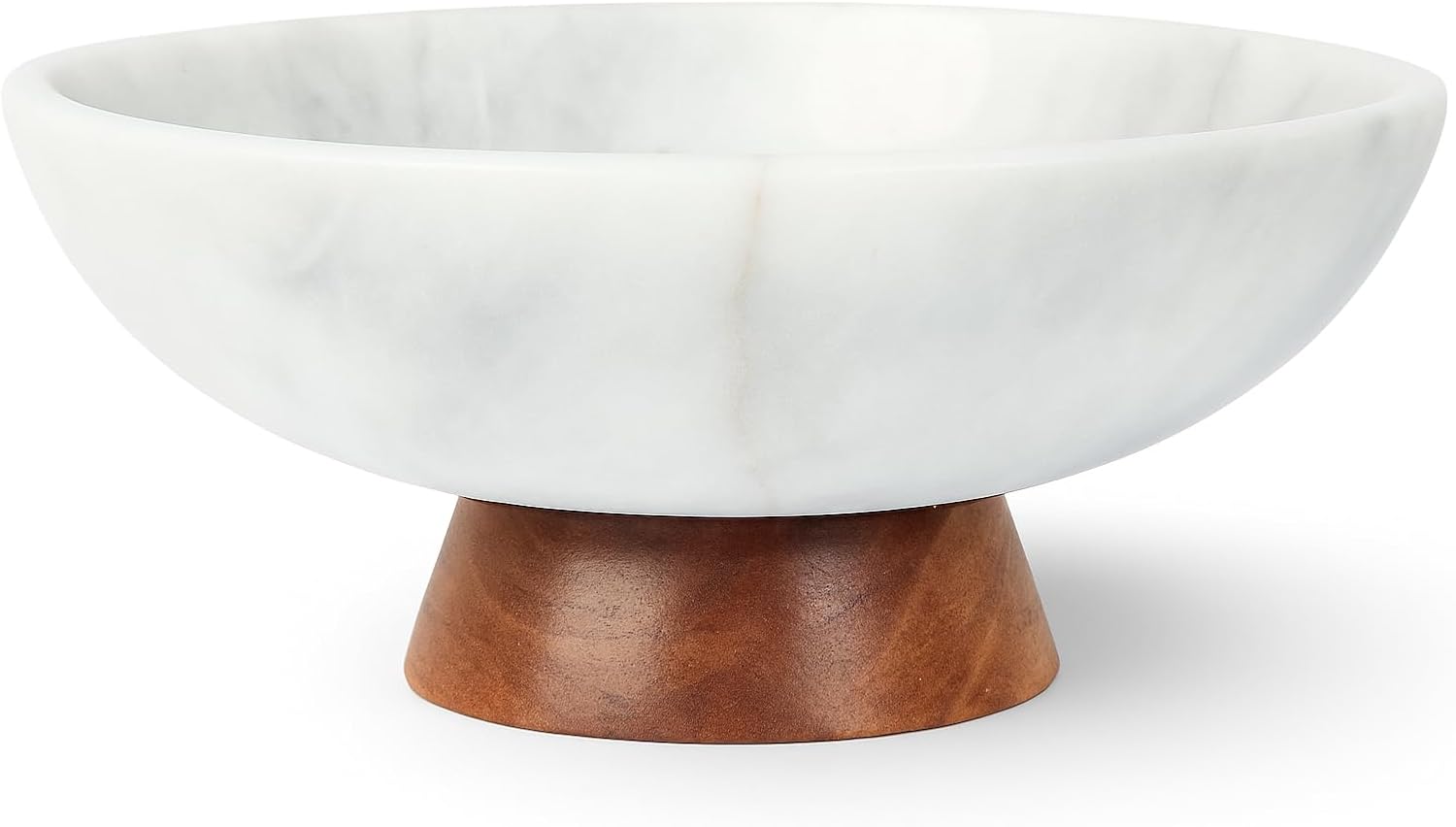 UMAID White Marble Decorative Bowl with Wood Pedestal, 10" Handcrafted Natural Stone Centerpiece with Unique Veining, Luxury Kitchen Fruit Bowl & Entryway Catch-All, for Potpourri & Coffee Table Decor