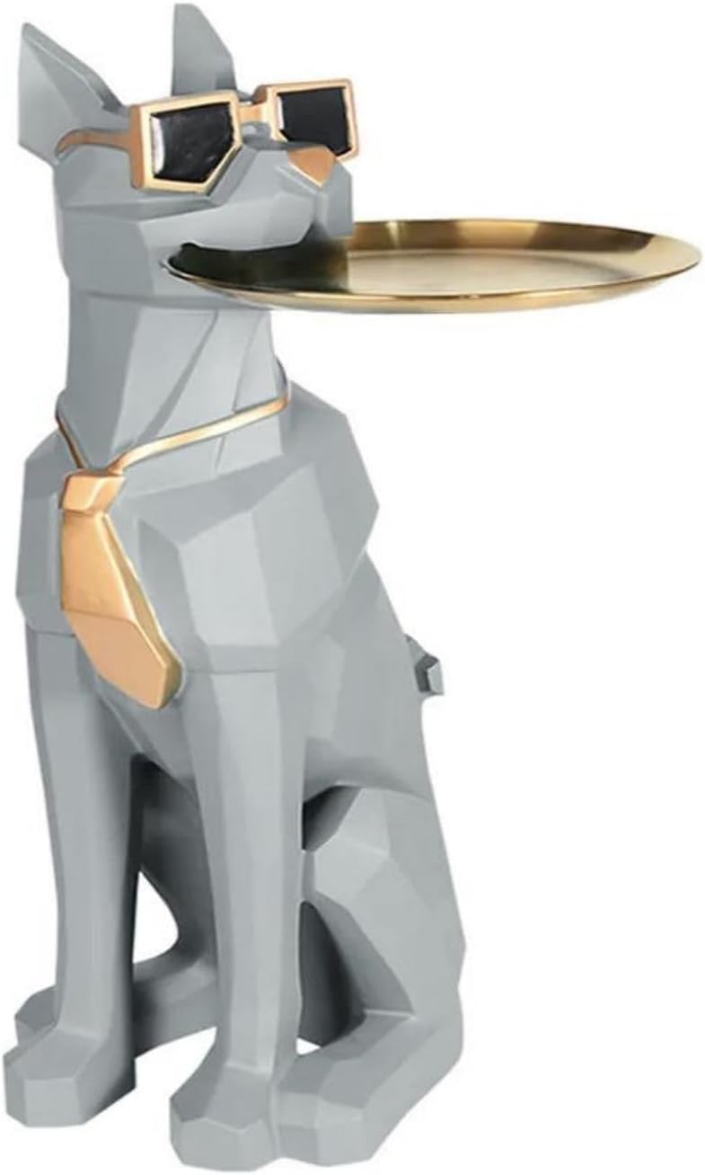 homary Modern Resin Dog Sculpture Geometric Standing Statue Cute End Side Table with Metal Storage Tray Tissue Box (White)
