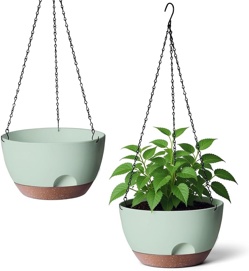 LESOASIS 12 Inch Hanging Baskets for Plants Outdoor, Hanging Planters for Indoor Outdoor Plants, Hanging Planter with Self Watering, Hanging Flower Pots (White Planter with Macrame + Iron Hangers)