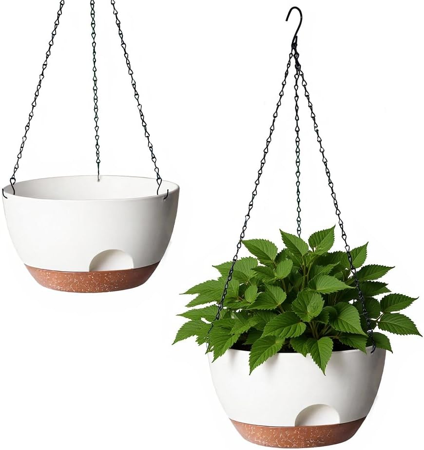 LESOASIS 12 Inch Hanging Baskets for Plants Outdoor, Hanging Planters for Indoor Outdoor Plants, Hanging Planter with Self Watering, Hanging Flower Pots (White Planter with Macrame + Iron Hangers)