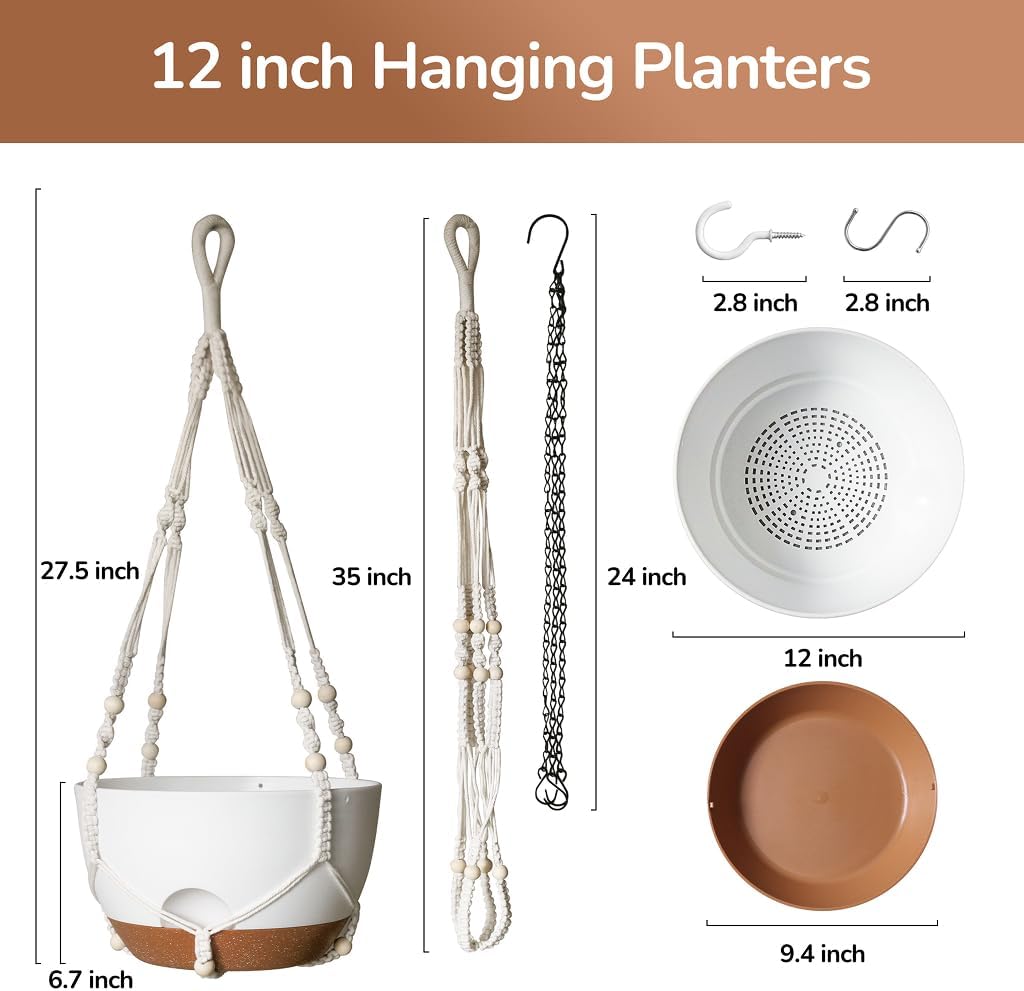LESOASIS 12 Inch Hanging Baskets for Plants Outdoor, Hanging Planters for Indoor Outdoor Plants, Hanging Planter with Self Watering, Hanging Flower Pots (White Planter with Macrame + Iron Hangers)