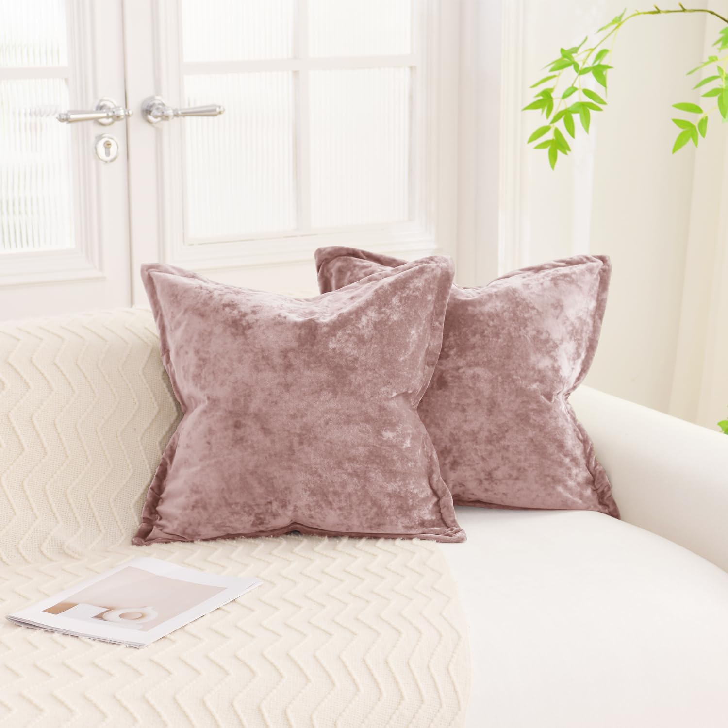 LR Rocaloca Greek Velvet Euro Sham Covers Set of 2 26x26 Luxury Soft Solid Pillow Covers for Living Room Bedroom Yard,Army Green