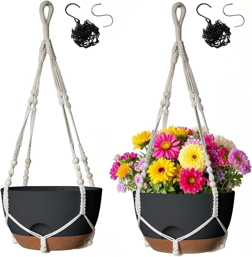 LESOASIS 12 Inch Hanging Baskets for Plants Outdoor, Hanging Planters for Indoor Outdoor Plants, Hanging Planter with Self Watering, Hanging Flower Pots (White Planter with Macrame + Iron Hangers)