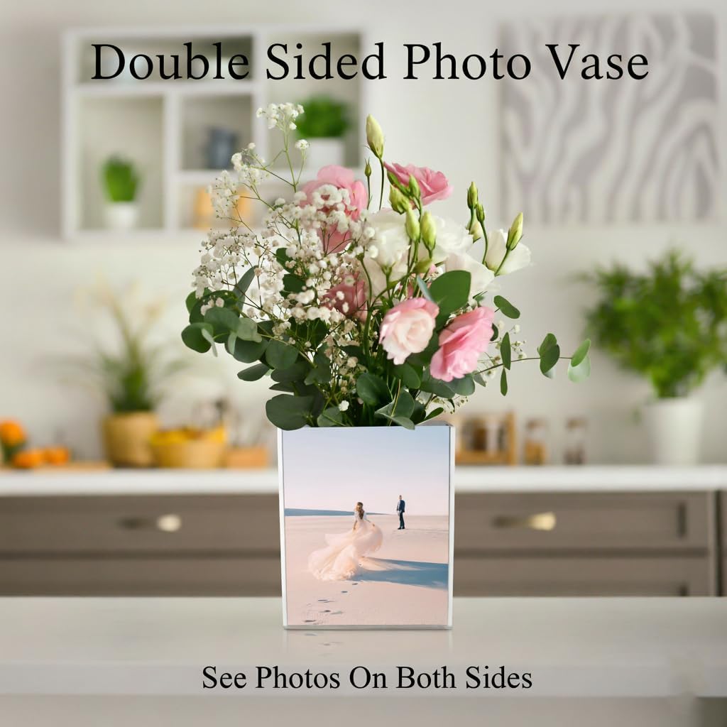 La Valage Flower Vase Picture Frame Double Sided Marble Acrylic Photo Home Decor Office Desk Table Centerpiece Modern Decorative Decorations Plastic Glass 8x10
