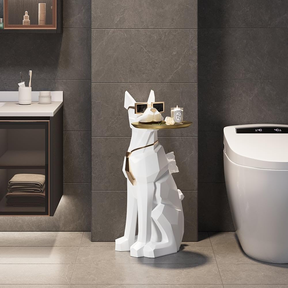 homary Modern Resin Dog Sculpture Geometric Standing Statue Cute End Side Table with Metal Storage Tray Tissue Box (White)