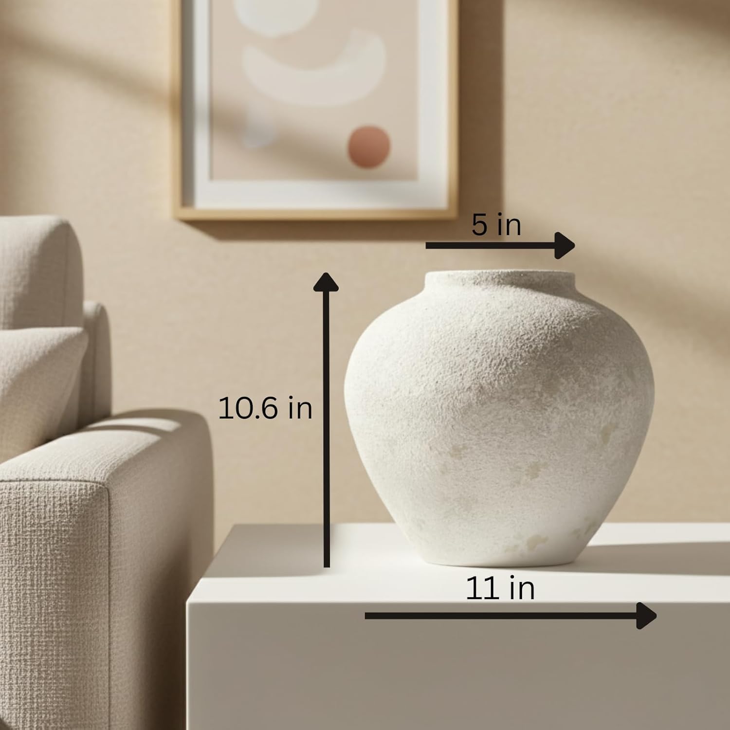 White Rustic Large Round Vase for Table Centerpieces 11 inches, Arina Vase, Earthy Stone Look, Textured, Modern Homes Farmhouse Centerpiece Decor