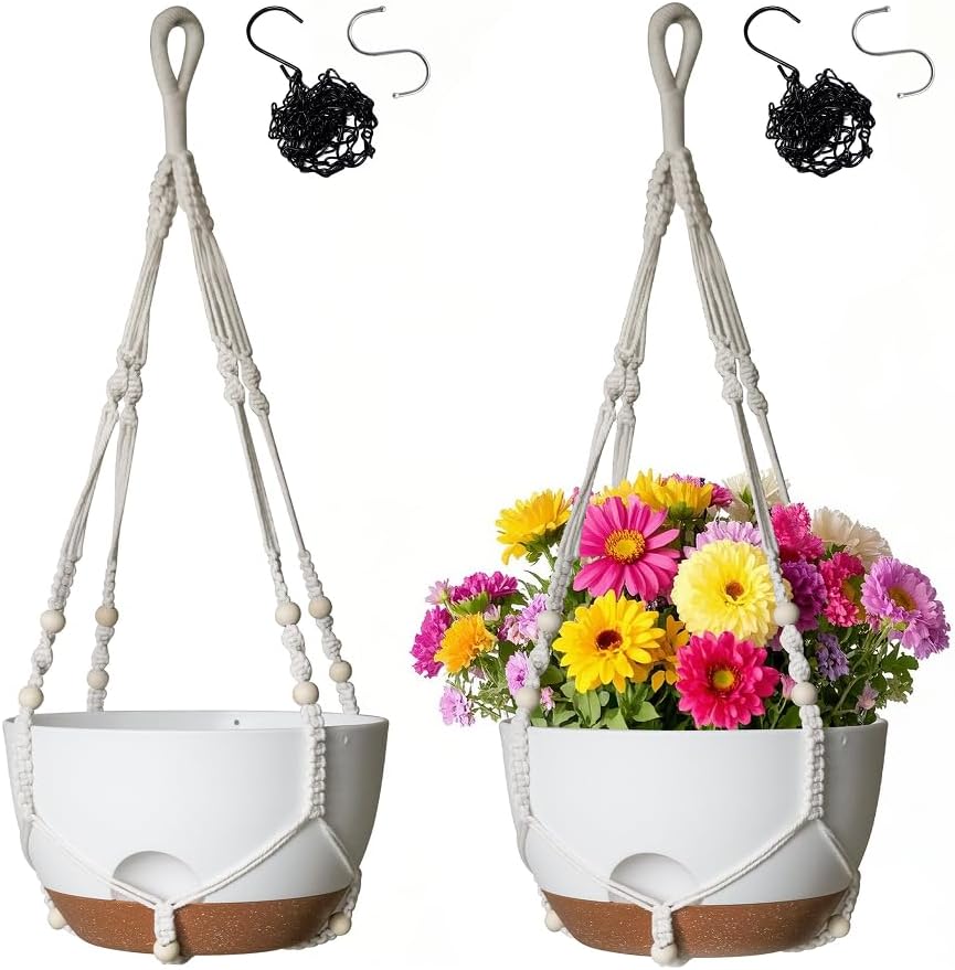 LESOASIS 12 Inch Hanging Baskets for Plants Outdoor, Hanging Planters for Indoor Outdoor Plants, Hanging Planter with Self Watering, Hanging Flower Pots (White Planter with Macrame + Iron Hangers)