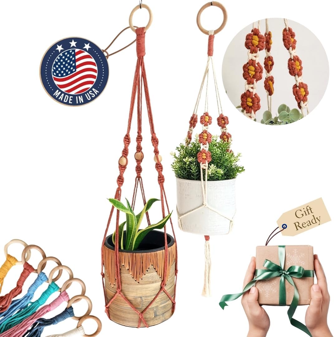 Set of 2 Macrame plant hanger with Daisies & Beads | Hanging plant holder Macrame Plant hangers outdoor and indoor hanging planters Plant stand indoor Boho Decor hanging planter stand (Cloudy Day)