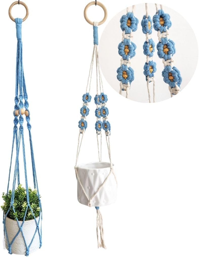 Set of 2 Macrame plant hanger with Daisies & Beads | Hanging plant holder Macrame Plant hangers outdoor and indoor hanging planters Plant stand indoor Boho Decor hanging planter stand (Cloudy Day)