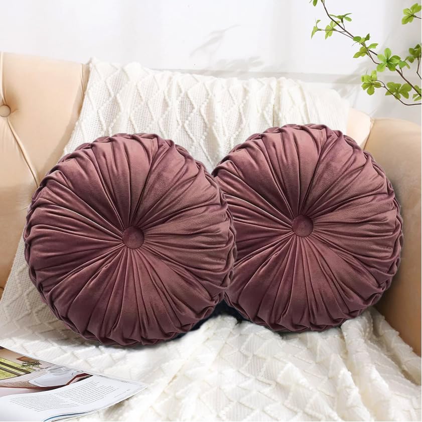 HIG Set of 2 Pink Ruched Velvet Round Throw Pillows – 14.5’’ Decorative Pillows with Soft Polyester Filling for Couch, Bed, Living Room, Bedroom, or Dorm – Handmade, Stress Relieving, All-Season