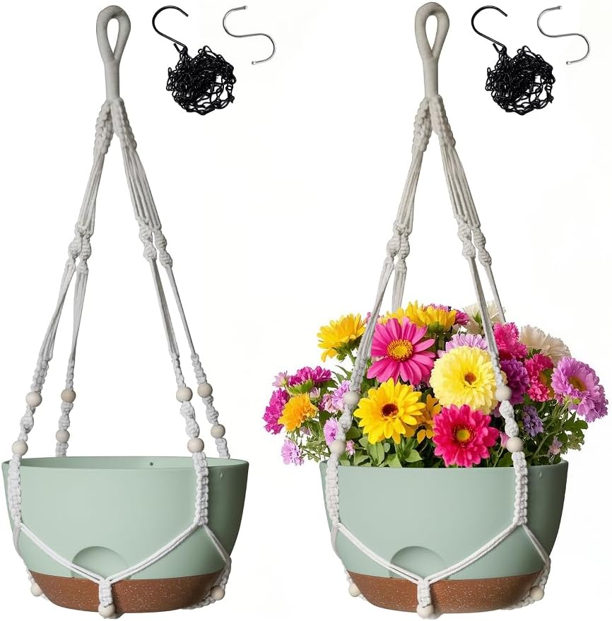 LESOASIS 12 Inch Hanging Baskets for Plants Outdoor, Hanging Planters for Indoor Outdoor Plants, Hanging Planter with Self Watering, Hanging Flower Pots (White Planter with Macrame + Iron Hangers)
