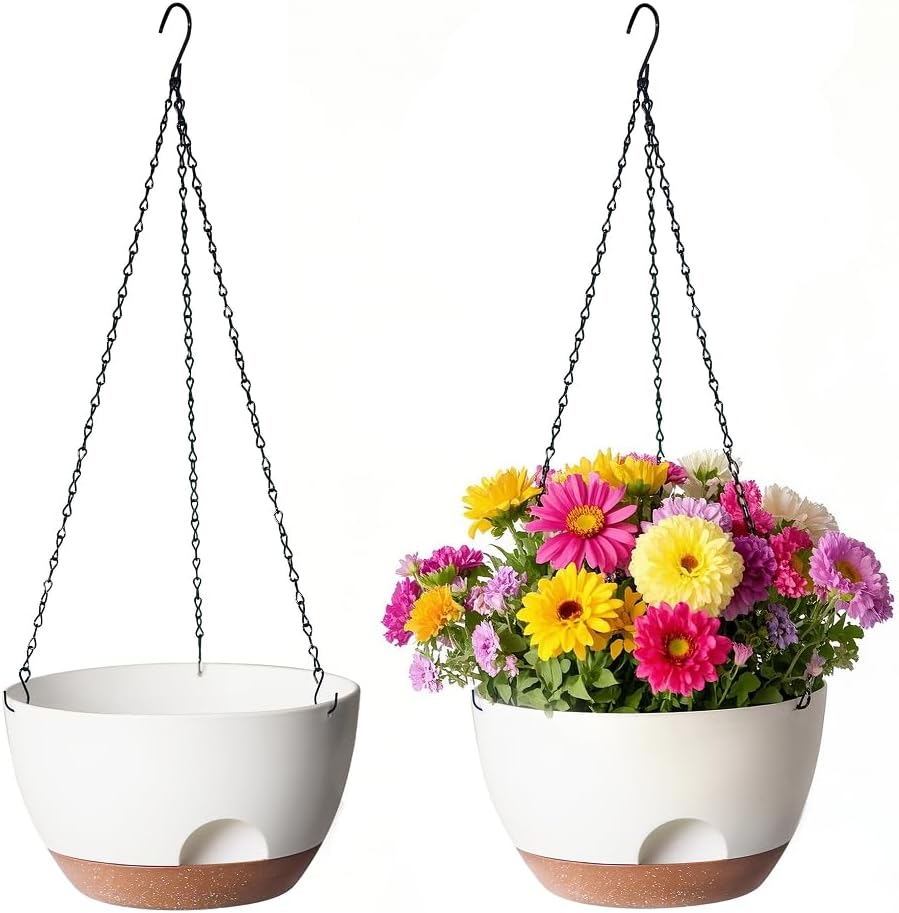 LESOASIS 12 Inch Hanging Baskets for Plants Outdoor, Hanging Planters for Indoor Outdoor Plants, Hanging Planter with Self Watering, Hanging Flower Pots (White Planter with Macrame + Iron Hangers)