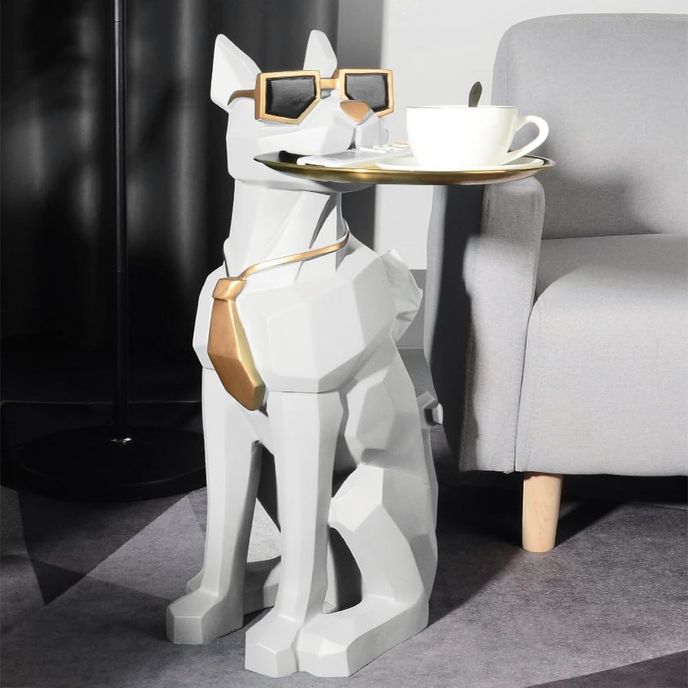 homary Modern Resin Dog Sculpture Geometric Standing Statue Cute End Side Table with Metal Storage Tray Tissue Box (White)