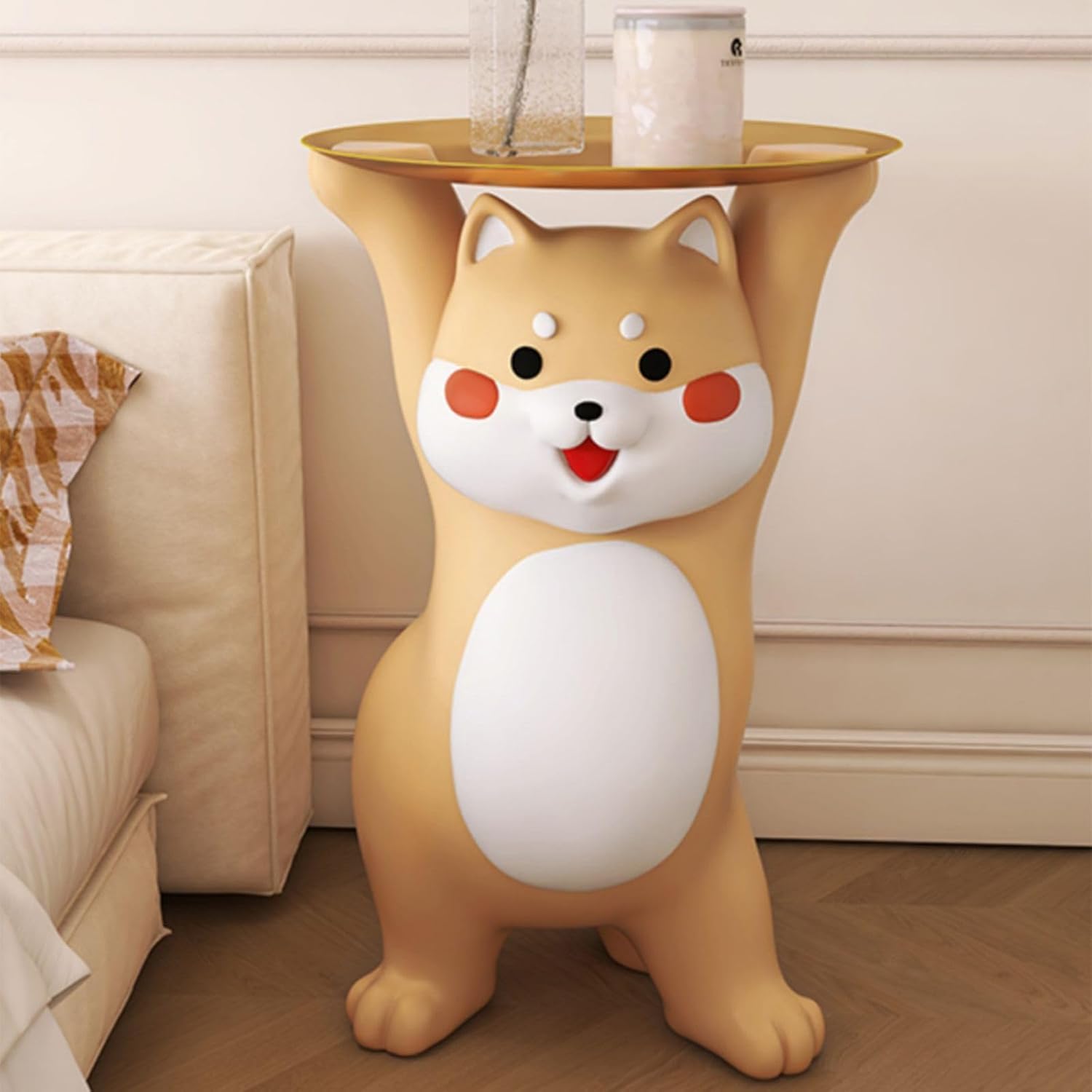 homary Modern Resin Dog Sculpture Geometric Standing Statue Cute End Side Table with Metal Storage Tray Tissue Box (White)