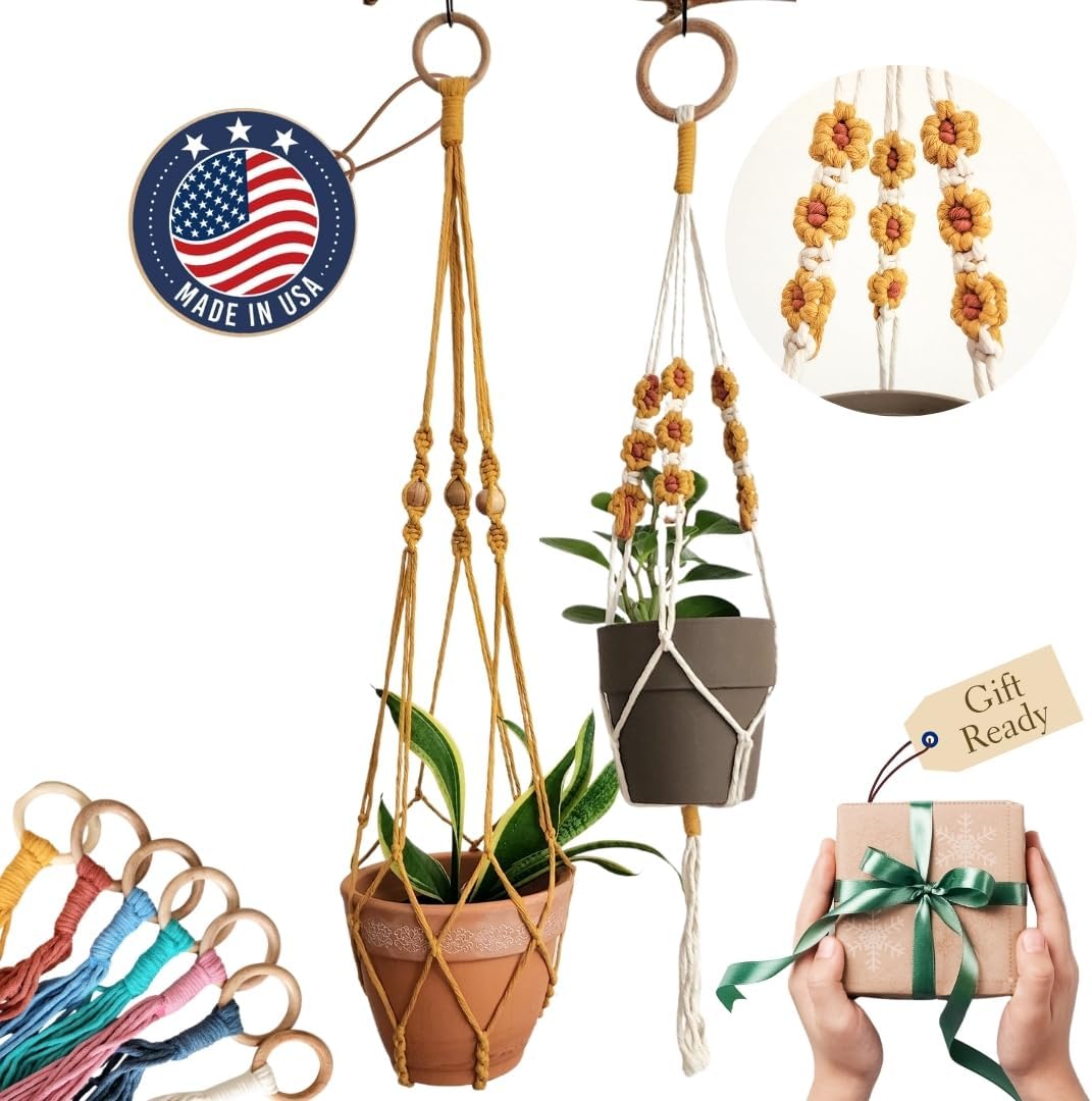 Set of 2 Macrame plant hanger with Daisies & Beads | Hanging plant holder Macrame Plant hangers outdoor and indoor hanging planters Plant stand indoor Boho Decor hanging planter stand (Cloudy Day)