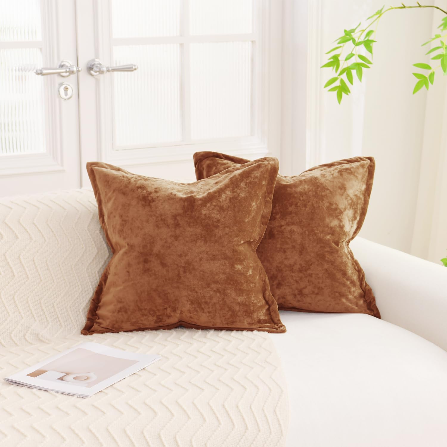 LR Rocaloca Greek Velvet Euro Sham Covers Set of 2 26x26 Luxury Soft Solid Pillow Covers for Living Room Bedroom Yard,Army Green