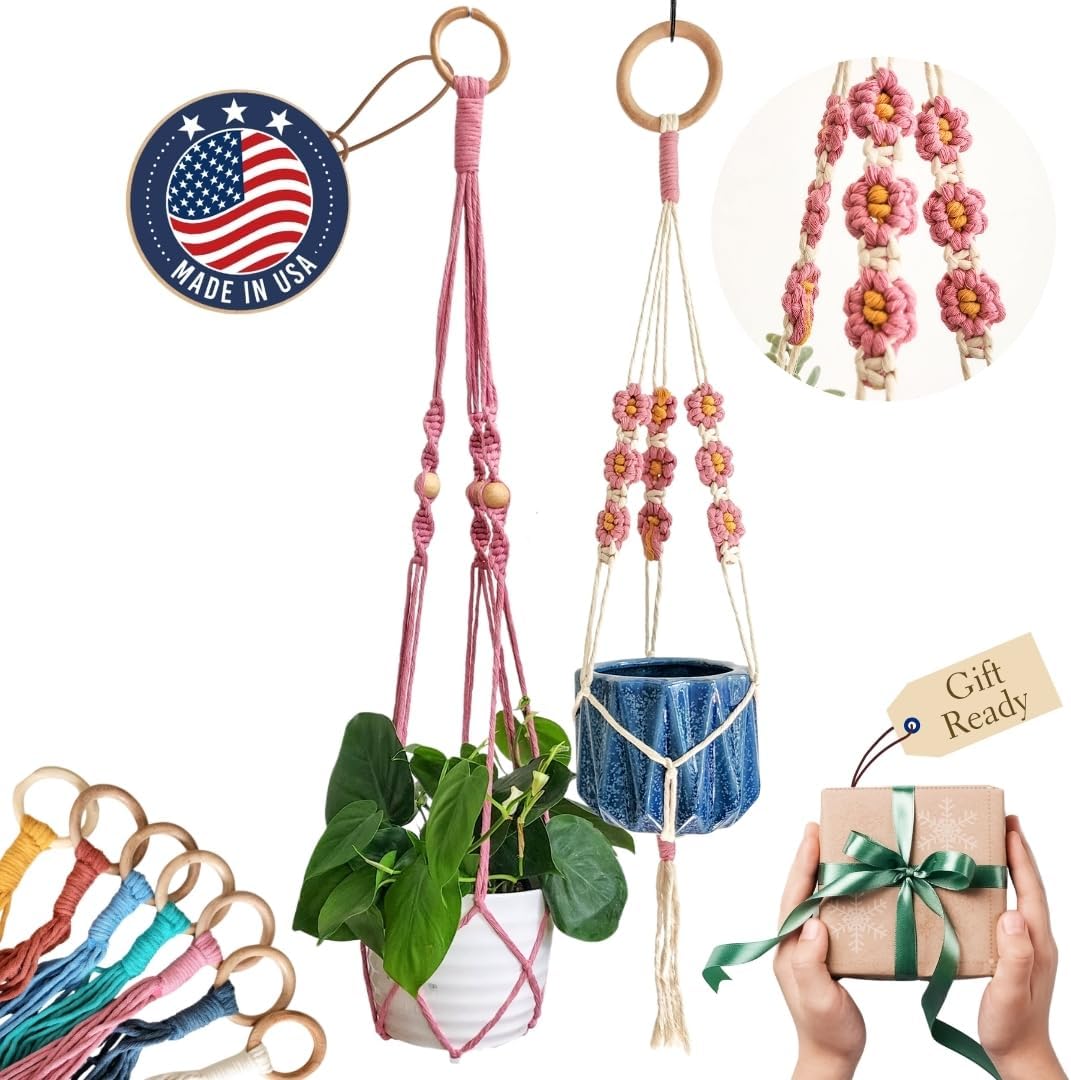 Set of 2 Macrame plant hanger with Daisies & Beads | Hanging plant holder Macrame Plant hangers outdoor and indoor hanging planters Plant stand indoor Boho Decor hanging planter stand (Cloudy Day)