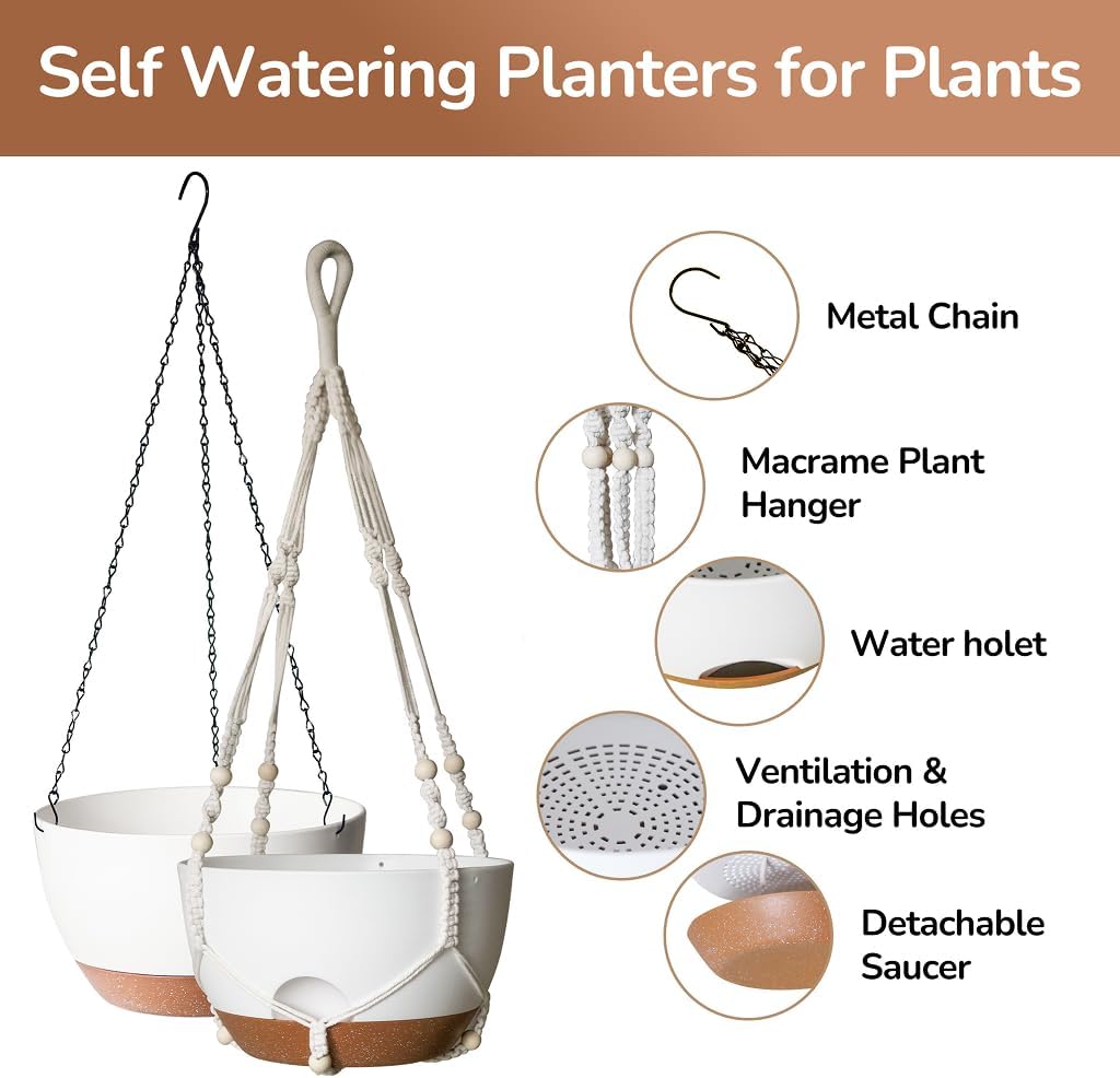 LESOASIS 12 Inch Hanging Baskets for Plants Outdoor, Hanging Planters for Indoor Outdoor Plants, Hanging Planter with Self Watering, Hanging Flower Pots (White Planter with Macrame + Iron Hangers)