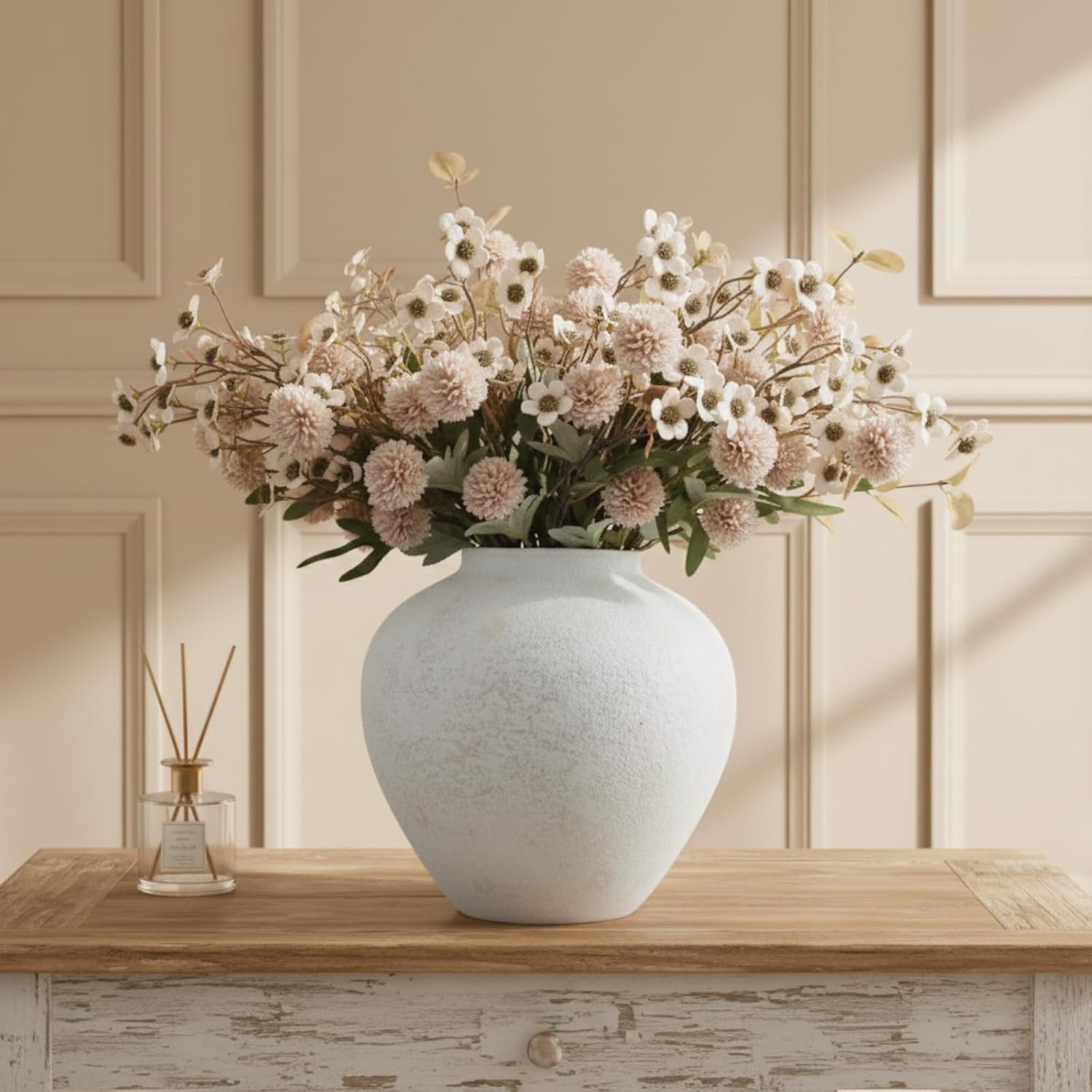 White Rustic Large Round Vase for Table Centerpieces 11 inches, Arina Vase, Earthy Stone Look, Textured, Modern Homes Farmhouse Centerpiece Decor