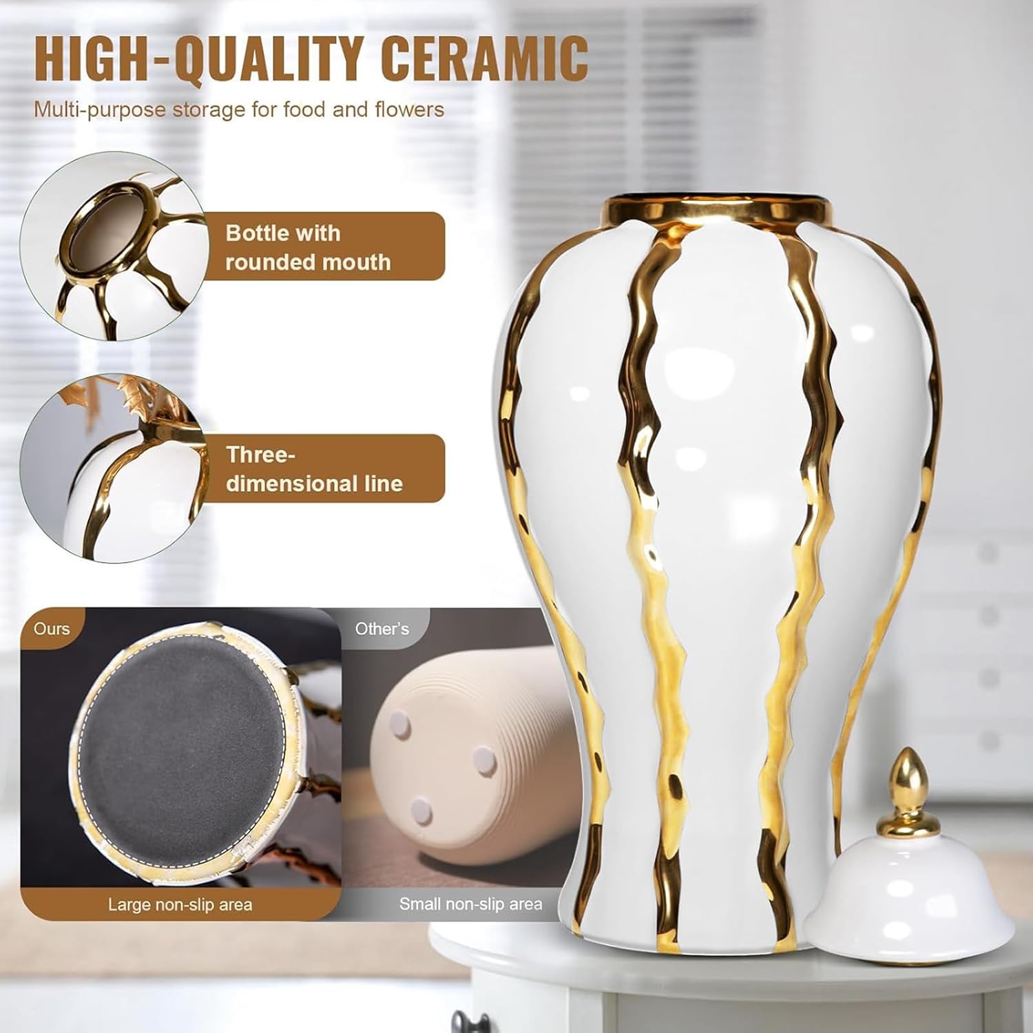 White and Gold Vases for Centerpieces,White Gold Ginger Jars for Home Decor,Large Gold Vases for Kitchen Counter,Vintage Vase with Lid,Birthday Anniversary (18 in)