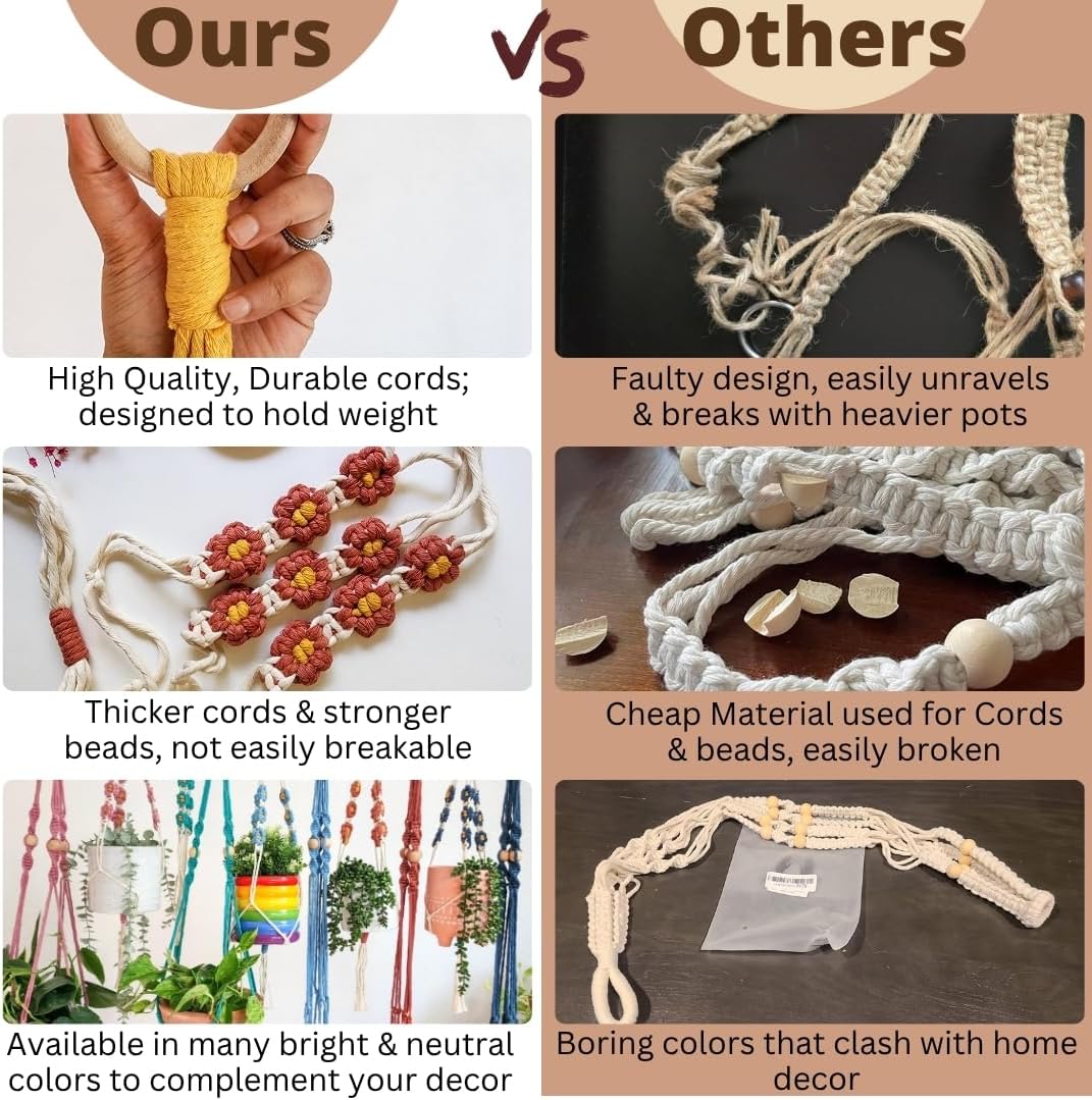 Set of 2 Macrame plant hanger with Daisies & Beads | Hanging plant holder Macrame Plant hangers outdoor and indoor hanging planters Plant stand indoor Boho Decor hanging planter stand (Cloudy Day)