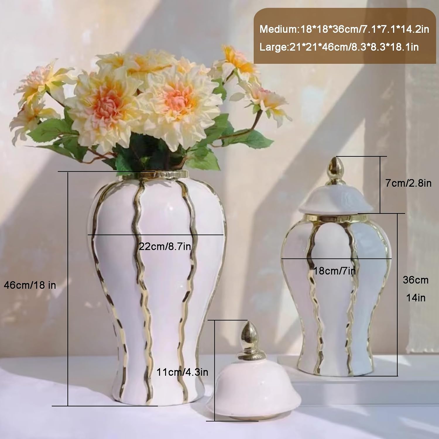 White and Gold Vases for Centerpieces,White Gold Ginger Jars for Home Decor,Large Gold Vases for Kitchen Counter,Vintage Vase with Lid,Birthday Anniversary (18 in)