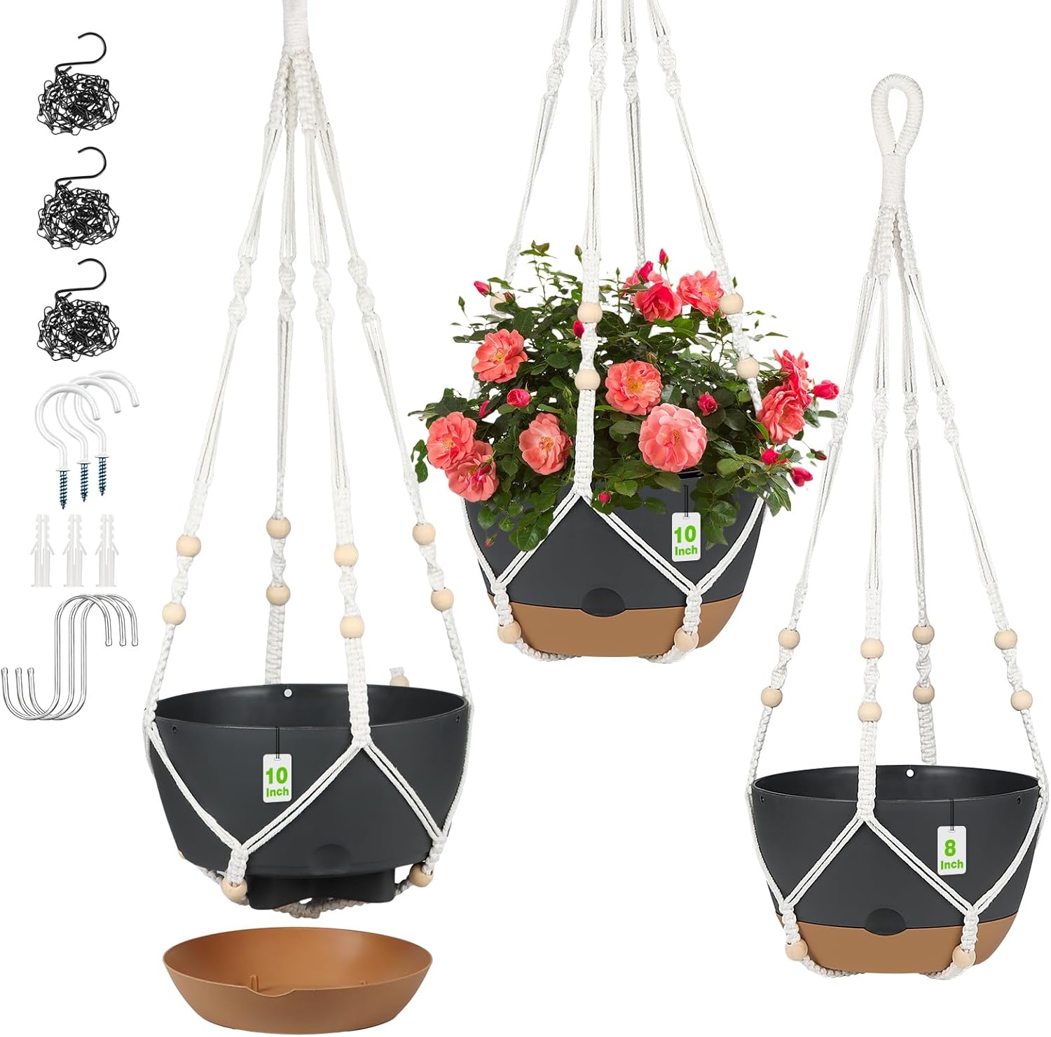 3 Pack Hanging Planters for Indoor Plants, 10 + 10 + 8 Inch Self-Watering Hanging Plant Pot, Macrame Plant Hanger with Pot, Ceiling Hooks, Removable Saucer and Drainage Holes for Garden Home - Green
