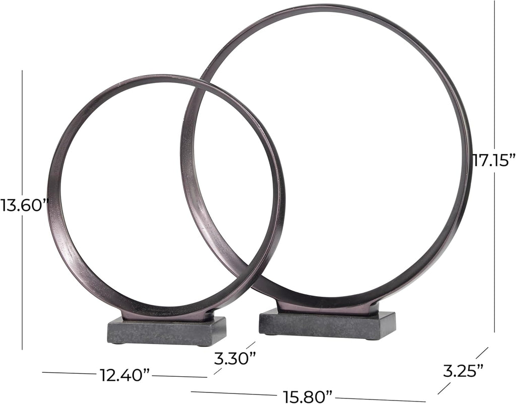 Deco 79 Aluminum Metal Geometric Decorative Sculpture Home Decor Statues with Marble Base, Set of 2 Accent Figurines 17", 14"H, Dark Gray