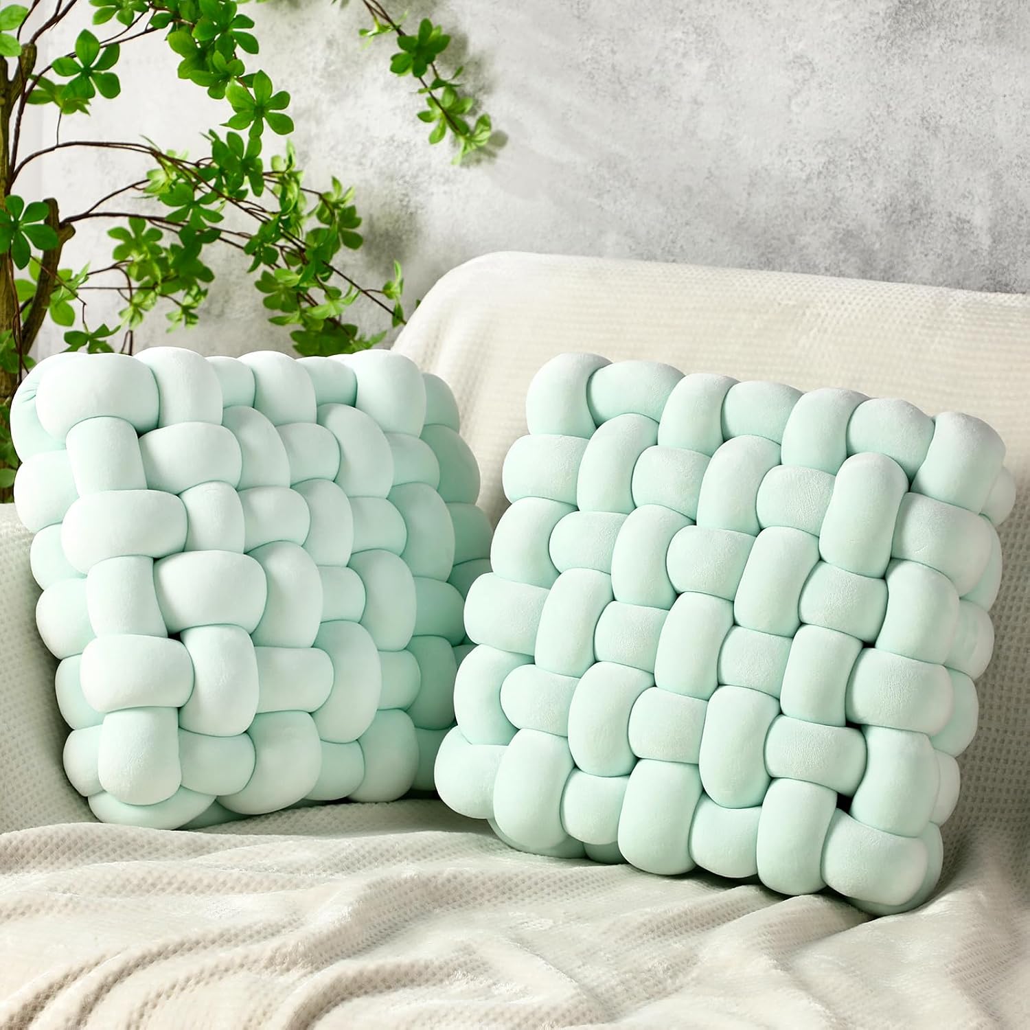 Wenqik 2 Pcs Knot Pillows Square Knotted Plush Throws Soft Accent Pillows Decoration Cushion for Couch Home Office Living Room Bedroom Bed Sofa Decor, 12'' x 13''(Caramel,Crystal Velvet)