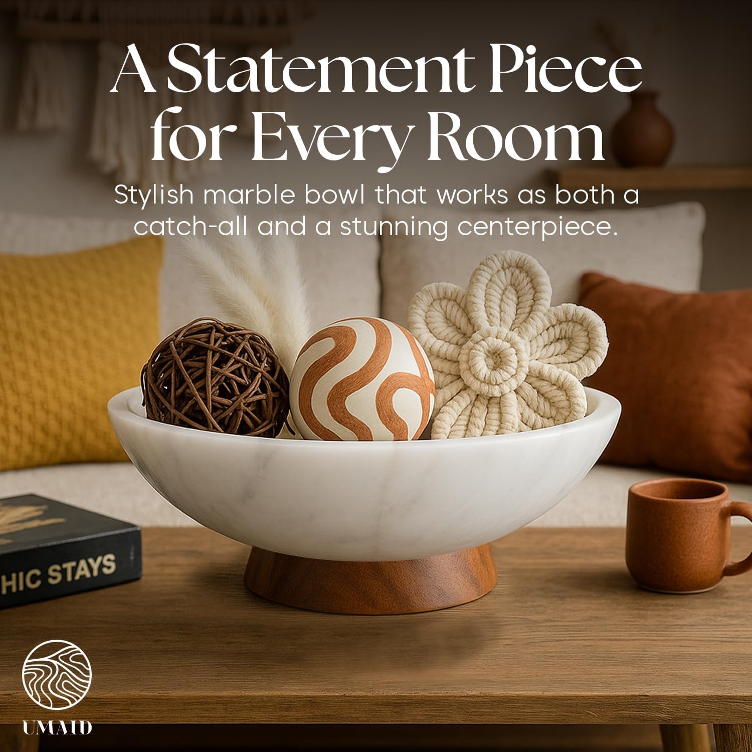 UMAID White Marble Decorative Bowl with Wood Pedestal, 10" Handcrafted Natural Stone Centerpiece with Unique Veining, Luxury Kitchen Fruit Bowl & Entryway Catch-All, for Potpourri & Coffee Table Decor
