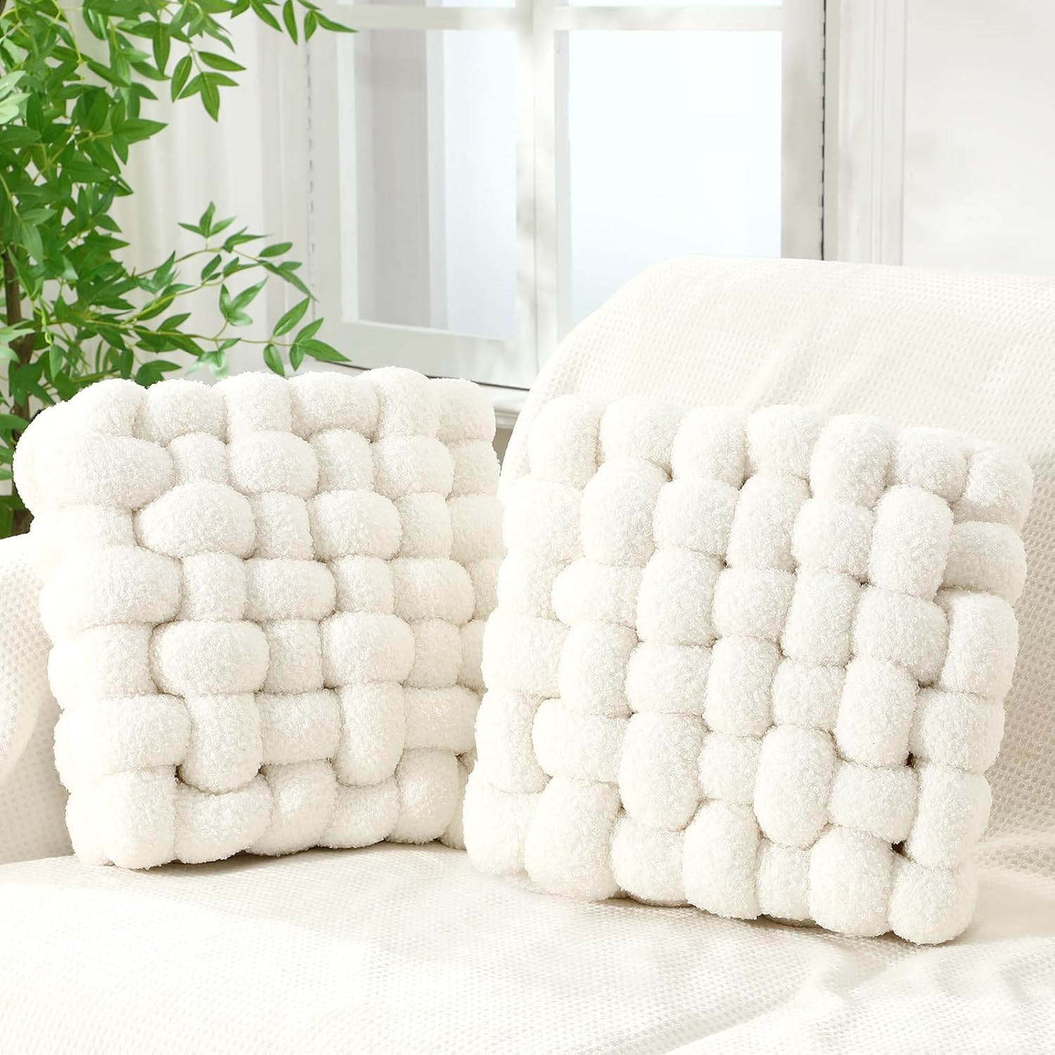 Wenqik 2 Pcs Knot Pillows Square Knotted Plush Throws Soft Accent Pillows Decoration Cushion for Couch Home Office Living Room Bedroom Bed Sofa Decor, 12'' x 13''(Caramel,Crystal Velvet)