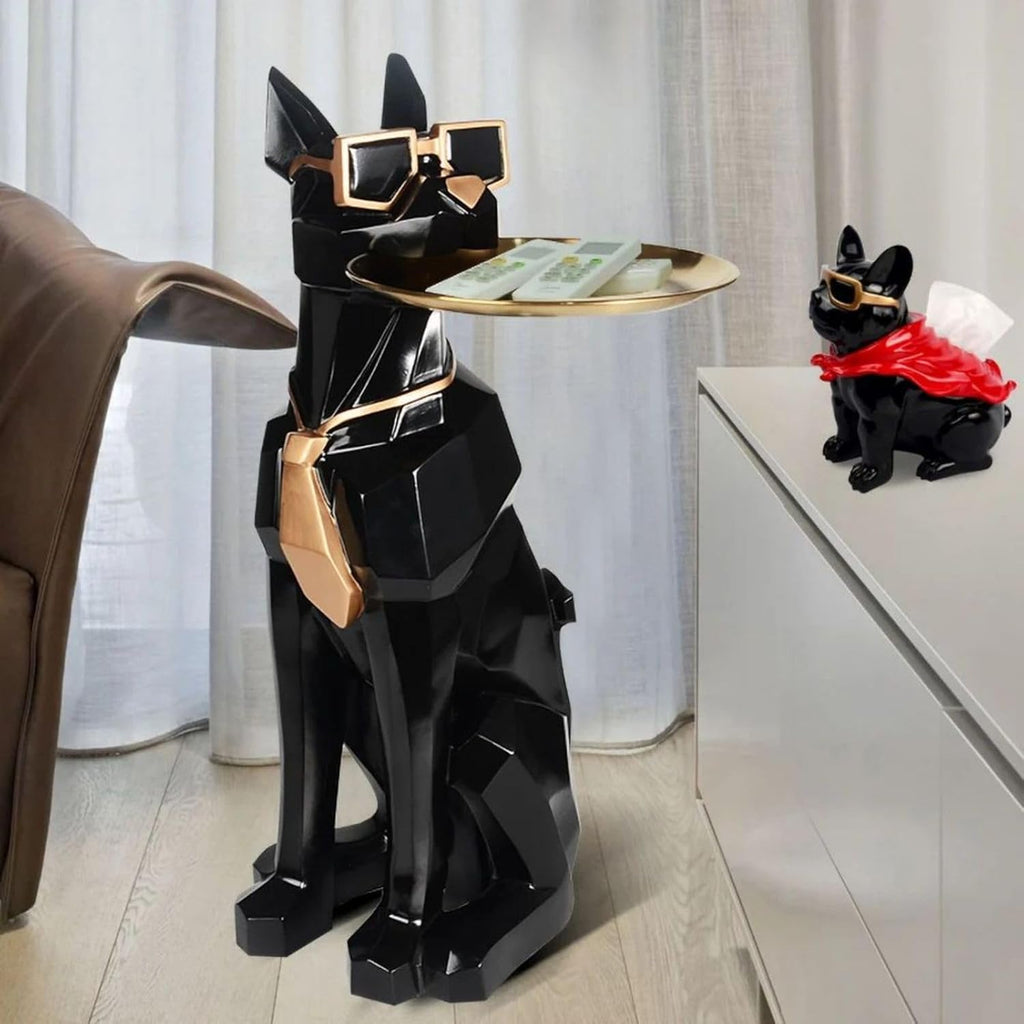 homary Modern Resin Dog Sculpture Geometric Standing Statue Cute End Side Table with Metal Storage Tray Tissue Box (White)