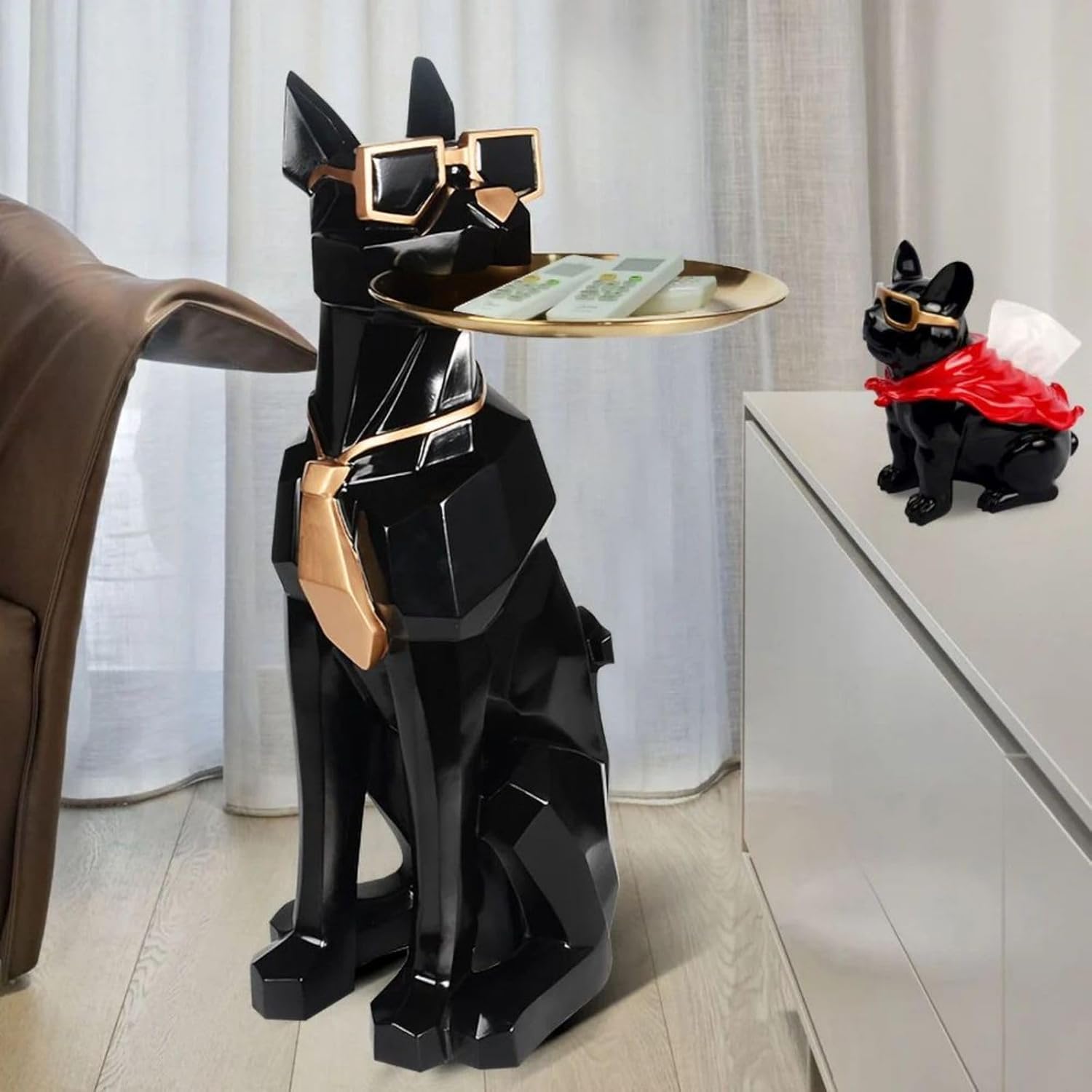 homary Modern Resin Dog Sculpture Geometric Standing Statue Cute End Side Table with Metal Storage Tray Tissue Box (White)