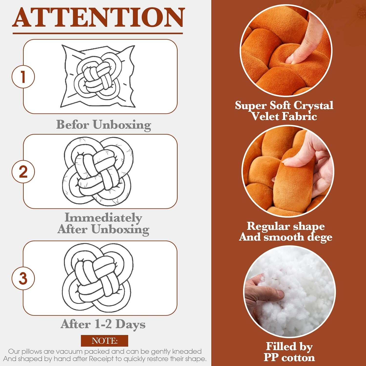 Wenqik 2 Pcs Knot Pillows Square Knotted Plush Throws Soft Accent Pillows Decoration Cushion for Couch Home Office Living Room Bedroom Bed Sofa Decor, 12'' x 13''(Caramel,Crystal Velvet)