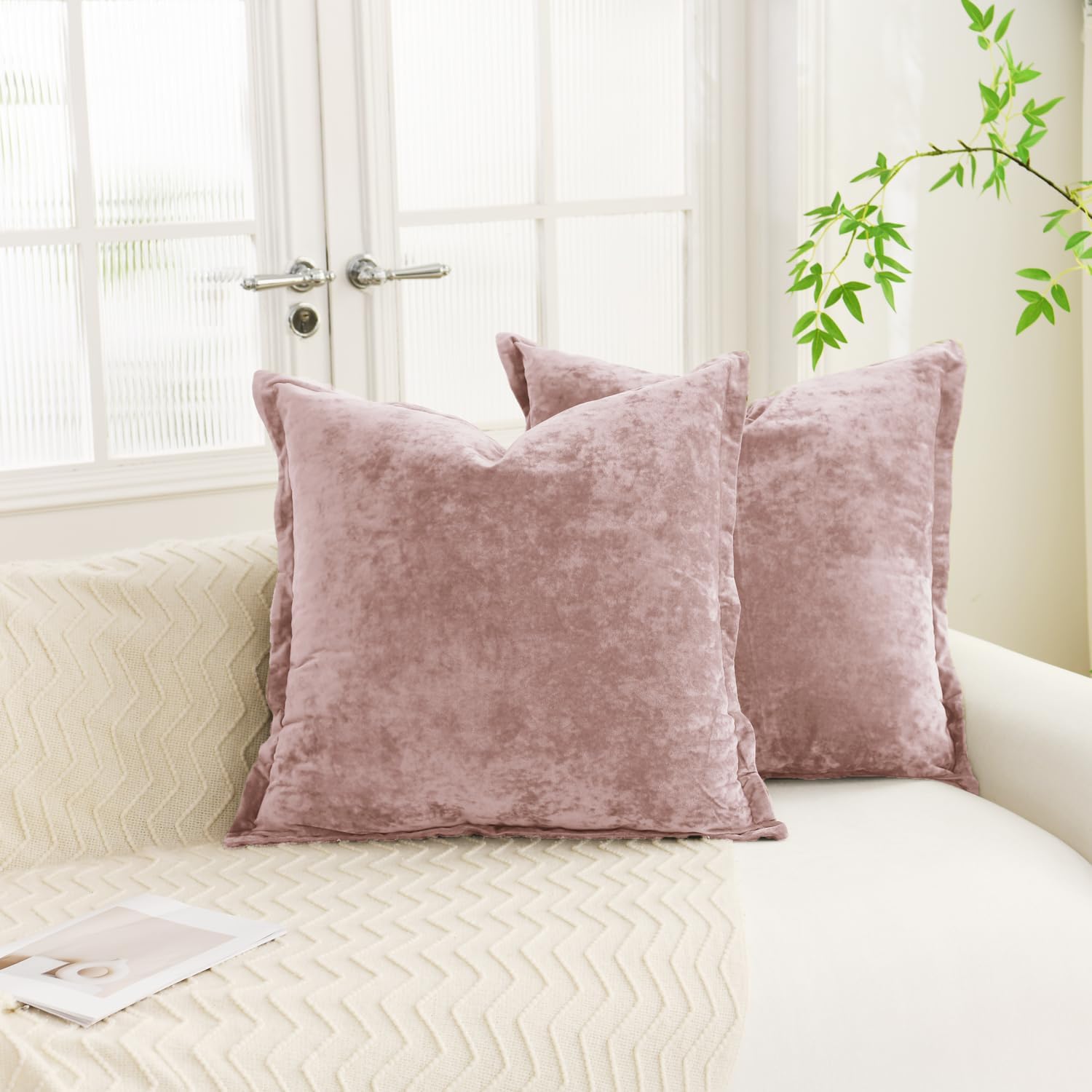 LR Rocaloca Greek Velvet Euro Sham Covers Set of 2 26x26 Luxury Soft Solid Pillow Covers for Living Room Bedroom Yard,Army Green