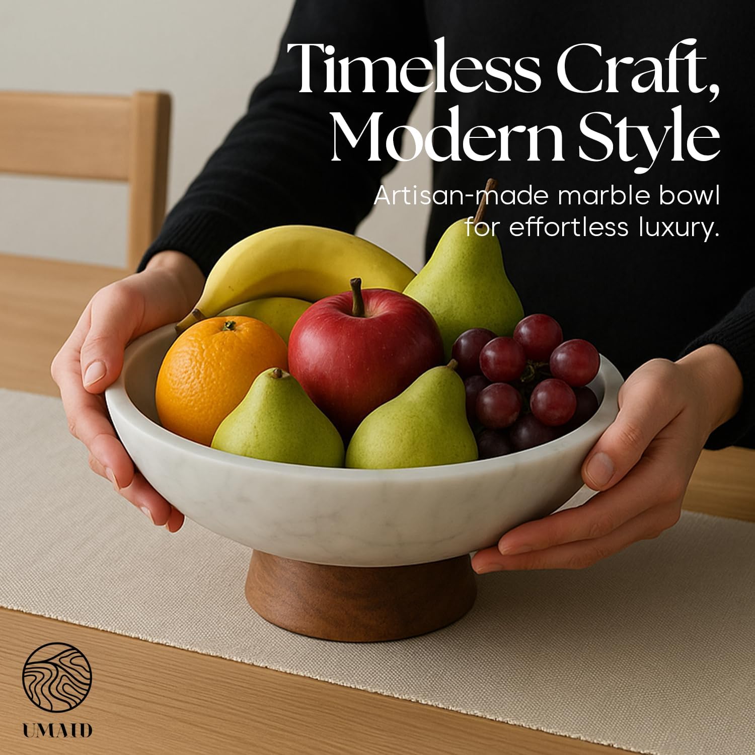 UMAID White Marble Decorative Bowl with Wood Pedestal, 10" Handcrafted Natural Stone Centerpiece with Unique Veining, Luxury Kitchen Fruit Bowl & Entryway Catch-All, for Potpourri & Coffee Table Decor