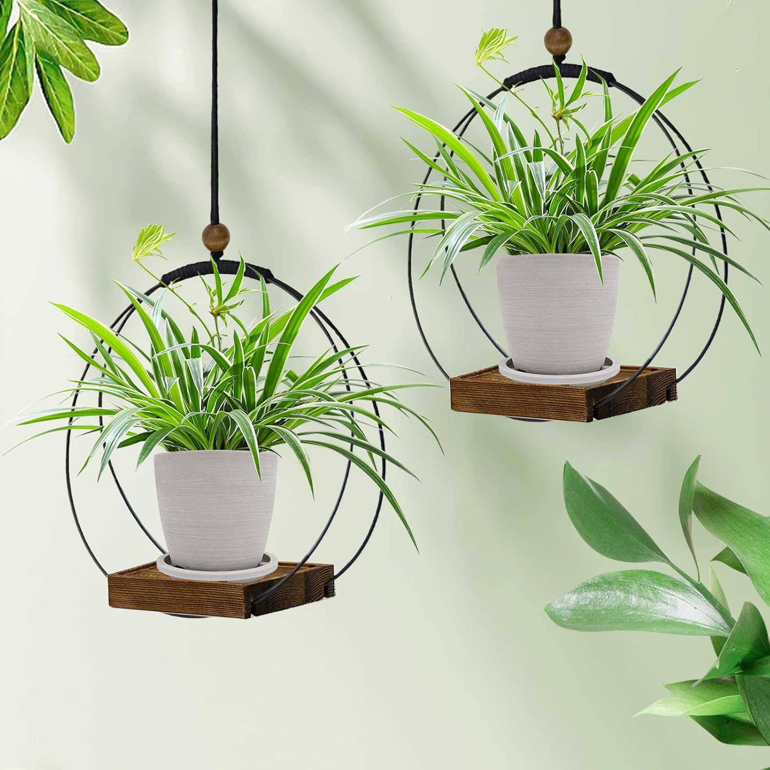 hismocal Hanging Planter for Indoor Plants,Plant Hanger with Sturdy Wood Base & Pot, Modern Boho Macrame Plant Hanger,Wall Ceiling Window Stands(2 Pack+Pots)