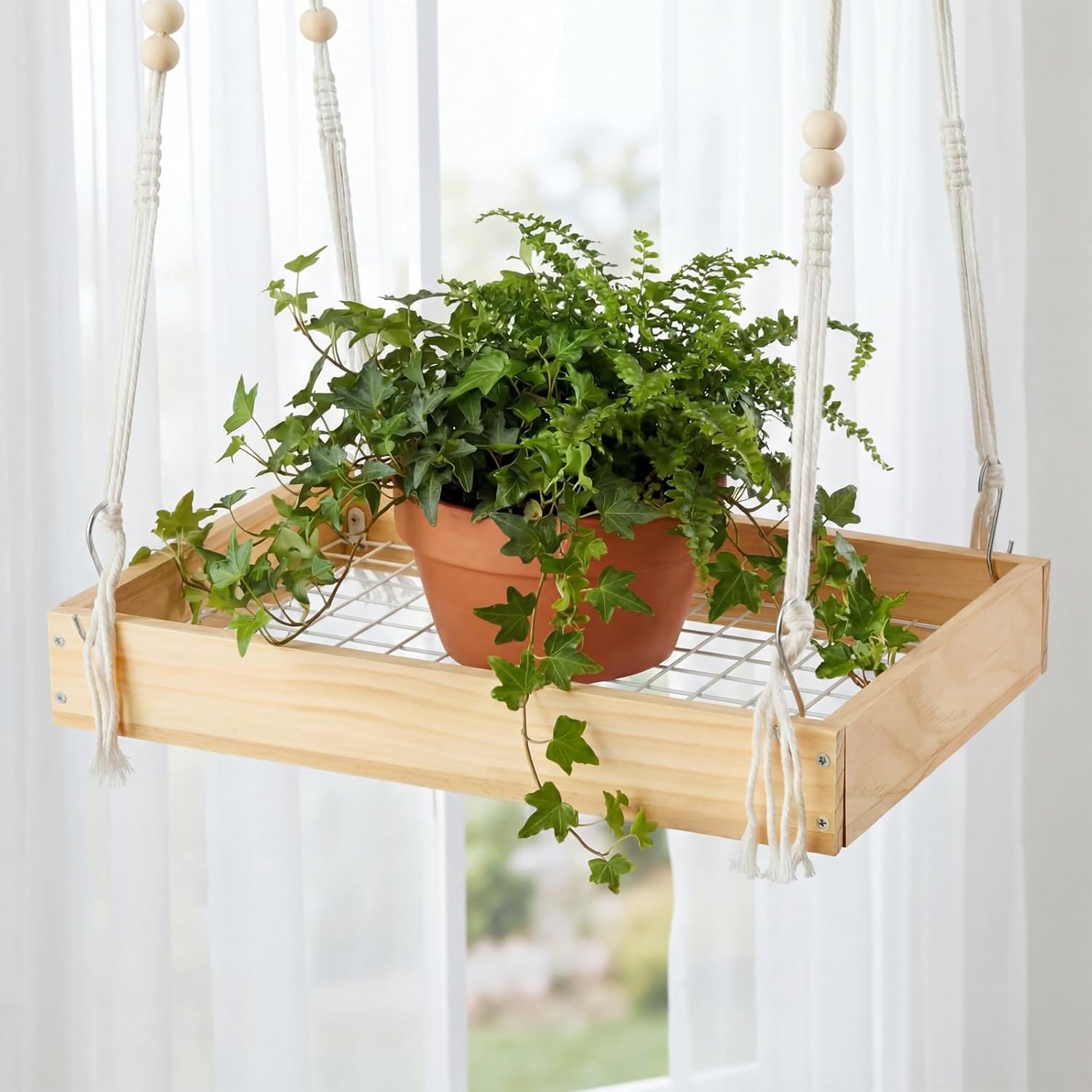 Novabright 2 Pcs Plant Hanger Indoor, 16" Wooden Macrame Hanging Plant Shelf Holder with Metal Frame, Large Hanging Planter for Indoor Load 50lb with Adjustable Rope, Suit for Pots Window Ceiling