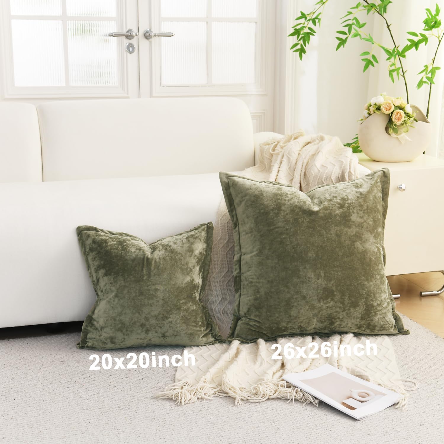LR Rocaloca Greek Velvet Euro Sham Covers Set of 2 26x26 Luxury Soft Solid Pillow Covers for Living Room Bedroom Yard,Army Green