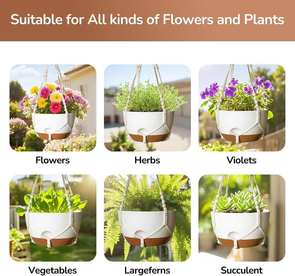 LESOASIS 12 Inch Hanging Baskets for Plants Outdoor, Hanging Planters for Indoor Outdoor Plants, Hanging Planter with Self Watering, Hanging Flower Pots (White Planter with Macrame + Iron Hangers)
