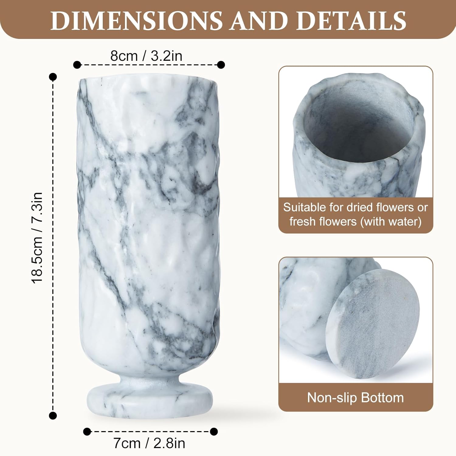 Zhuoyuestone Carved Vase, Carrara Marble Natural Luxury Stone, Wabi-Sabi Texture, Handcrafted Artistic Vase for Modern Home Decor - Elegant Centerpiece for Living Room, Dining Table, Office