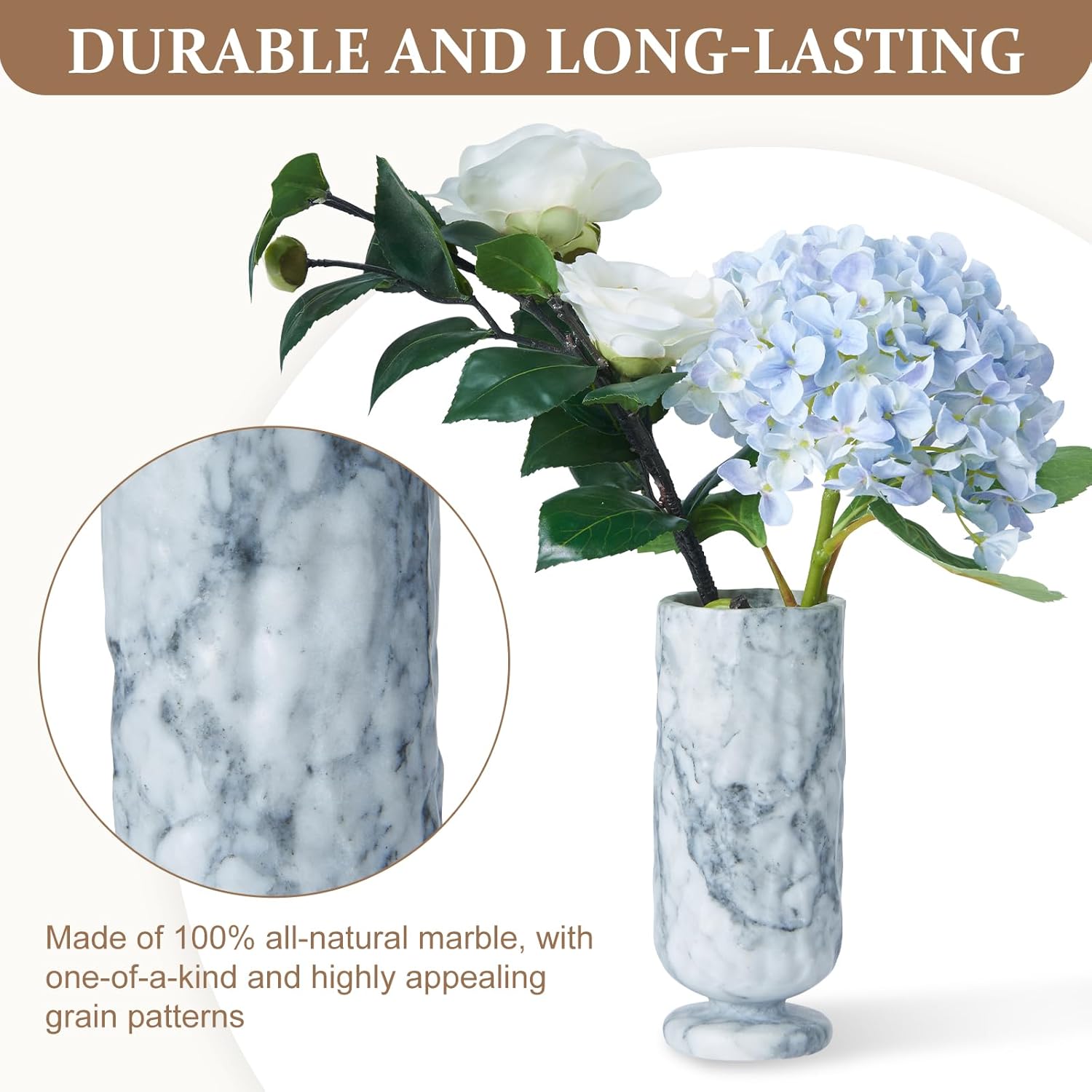 Zhuoyuestone Carved Vase, Carrara Marble Natural Luxury Stone, Wabi-Sabi Texture, Handcrafted Artistic Vase for Modern Home Decor - Elegant Centerpiece for Living Room, Dining Table, Office