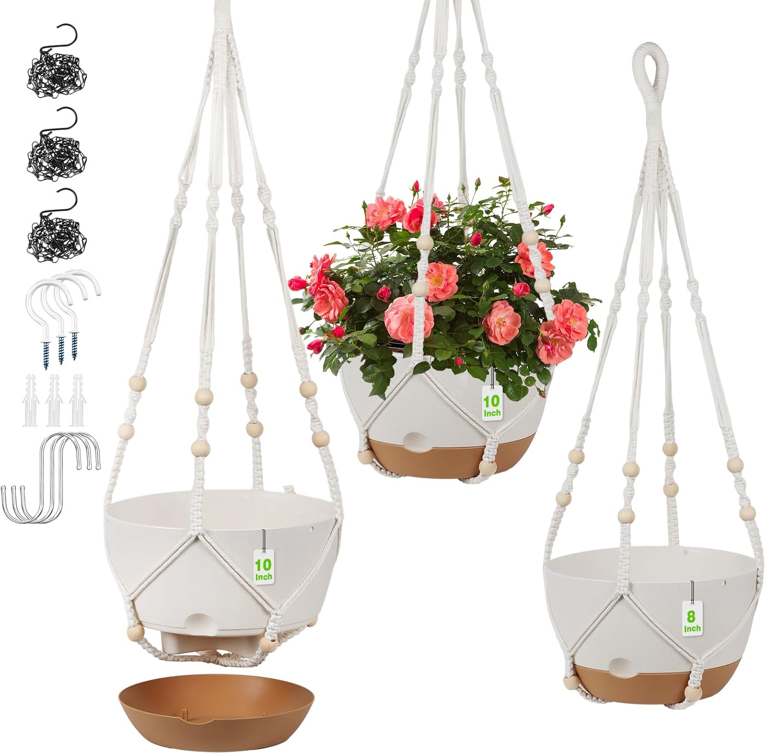 3 Pack Hanging Planters for Indoor Plants, 10 + 10 + 8 Inch Self-Watering Hanging Plant Pot, Macrame Plant Hanger with Pot, Ceiling Hooks, Removable Saucer and Drainage Holes for Garden Home - Green