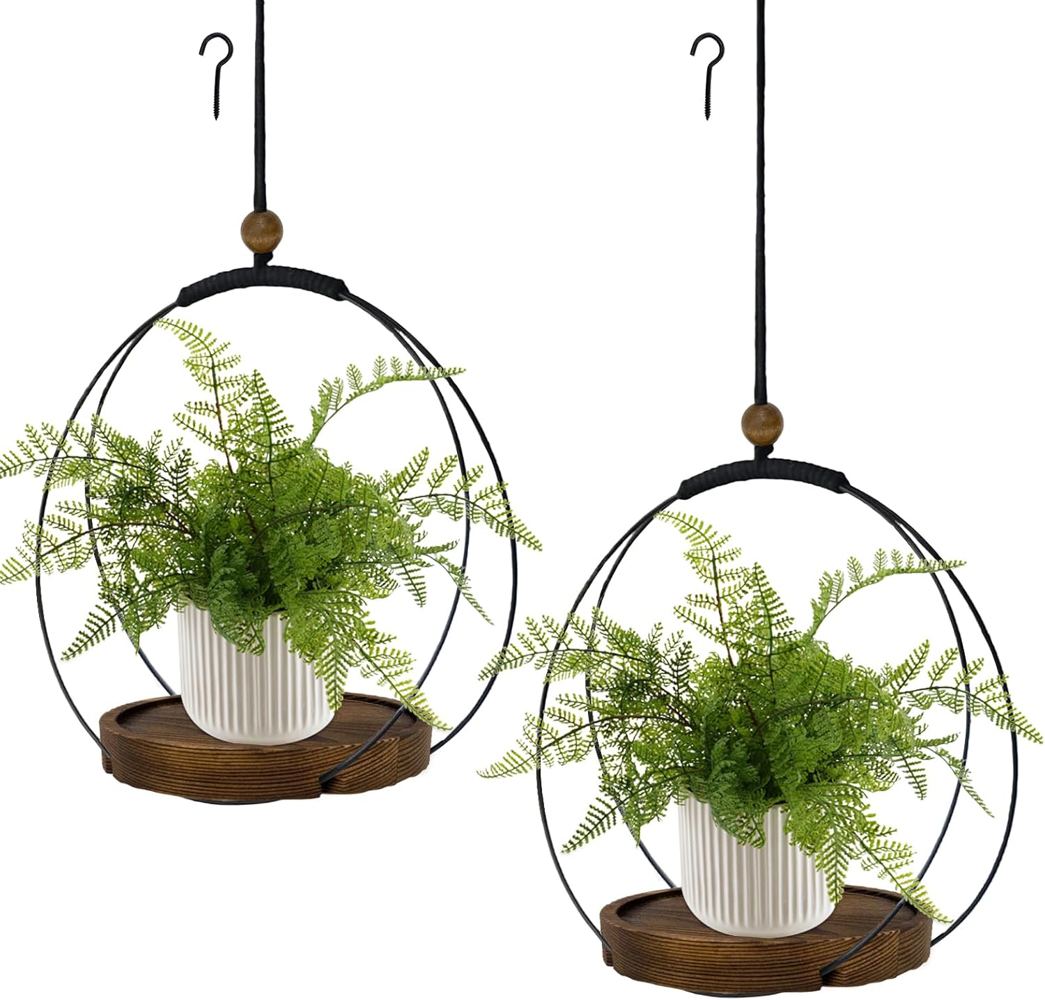 hismocal Hanging Planter for Indoor Plants,Plant Hanger with Sturdy Wood Base & Pot, Modern Boho Macrame Plant Hanger,Wall Ceiling Window Stands(2 Pack+Pots)