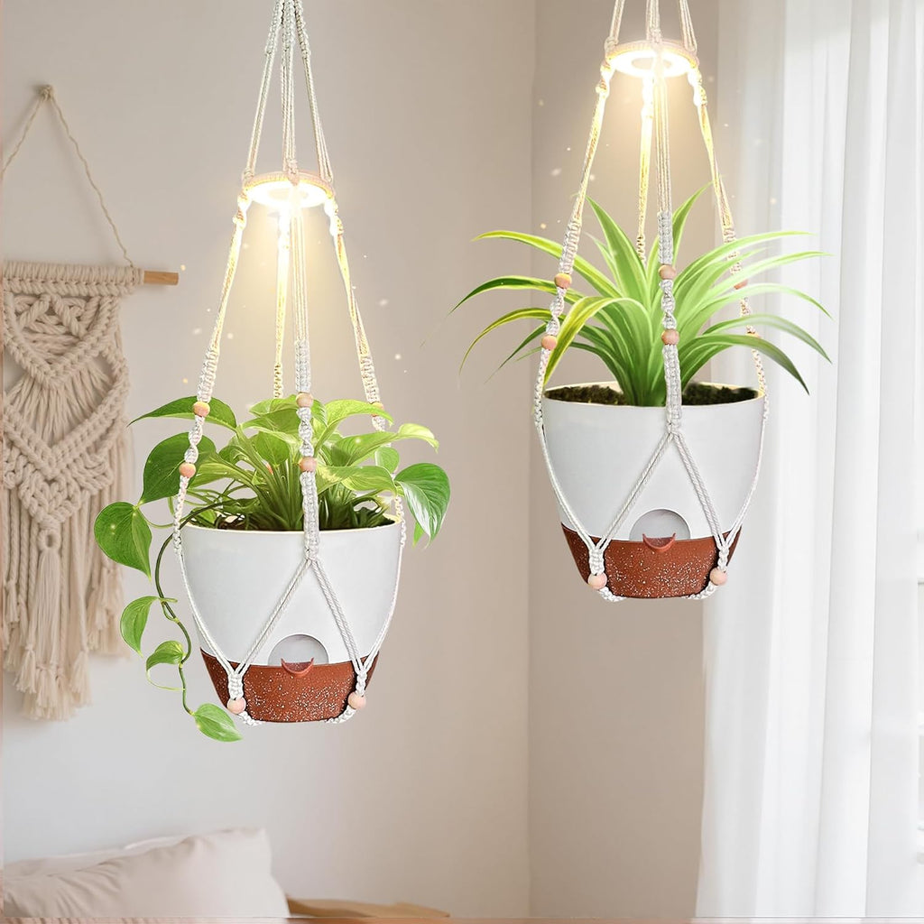 MSFON Hanging Planters for Indoor Plants: 2 Pack Macrame Plant Hangers with Grow Lights and Self-Watering Pots, 10 Inch Large Hanging Pots with Drainage Holes & Removable Tray