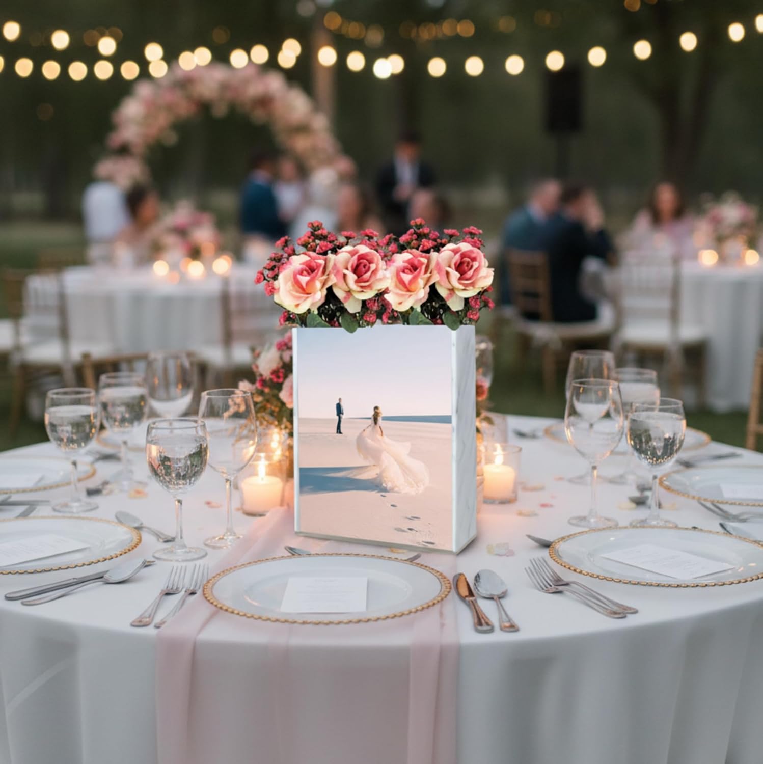 La Valage Flower Vase Picture Frame Double Sided Marble Acrylic Photo Home Decor Office Desk Table Centerpiece Modern Decorative Decorations Plastic Glass 8x10