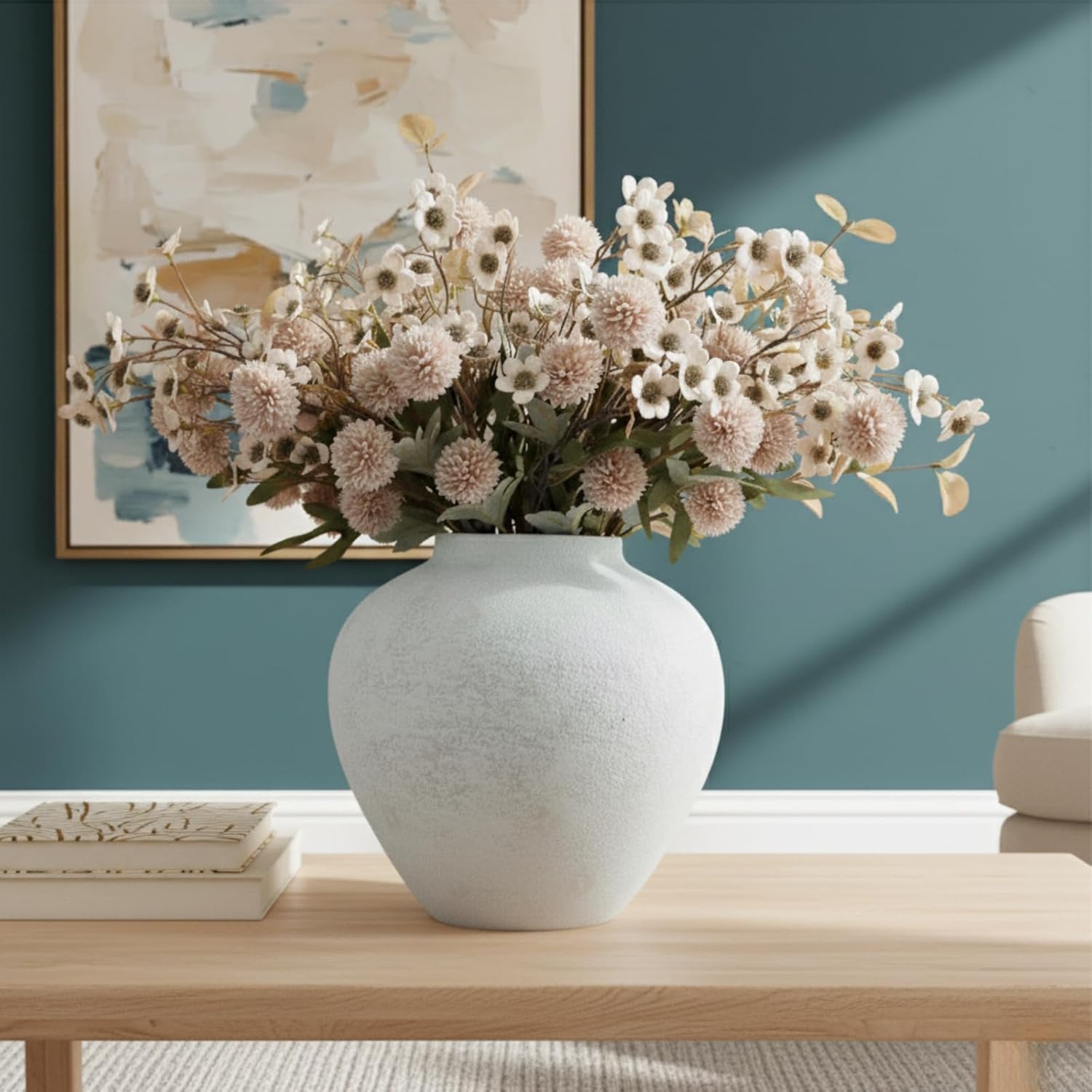 White Rustic Large Round Vase for Table Centerpieces 11 inches, Arina Vase, Earthy Stone Look, Textured, Modern Homes Farmhouse Centerpiece Decor