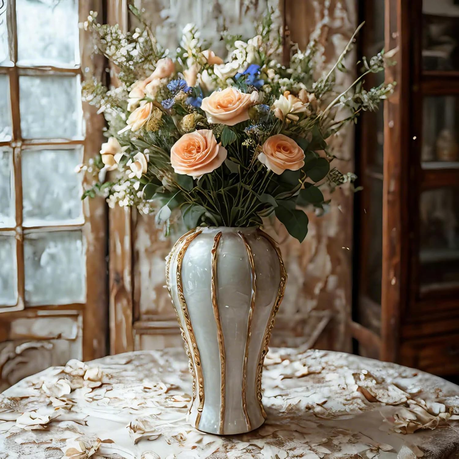 White and Gold Vases for Centerpieces,White Gold Ginger Jars for Home Decor,Large Gold Vases for Kitchen Counter,Vintage Vase with Lid,Birthday Anniversary (18 in)