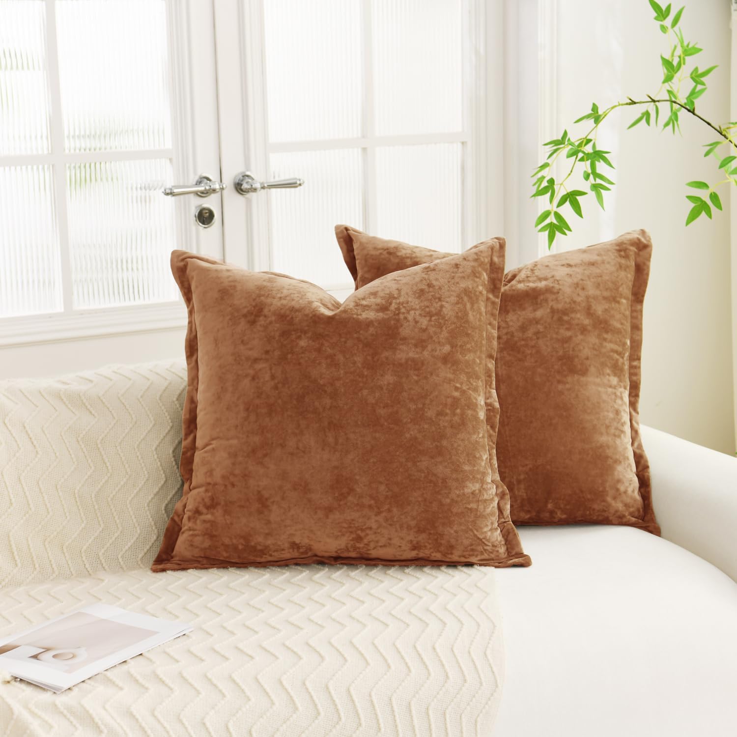 LR Rocaloca Greek Velvet Euro Sham Covers Set of 2 26x26 Luxury Soft Solid Pillow Covers for Living Room Bedroom Yard,Army Green