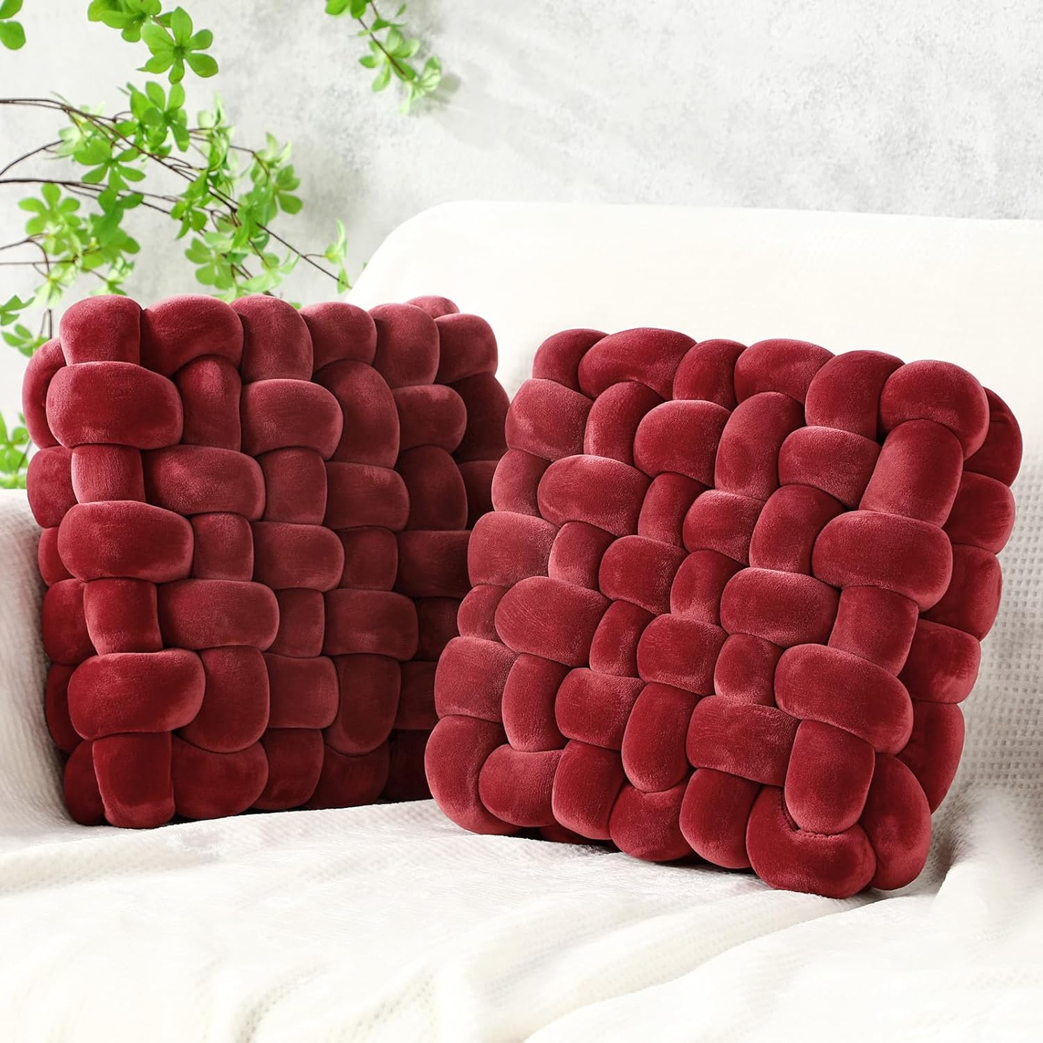 Wenqik 2 Pcs Knot Pillows Square Knotted Plush Throws Soft Accent Pillows Decoration Cushion for Couch Home Office Living Room Bedroom Bed Sofa Decor, 12'' x 13''(Caramel,Crystal Velvet)